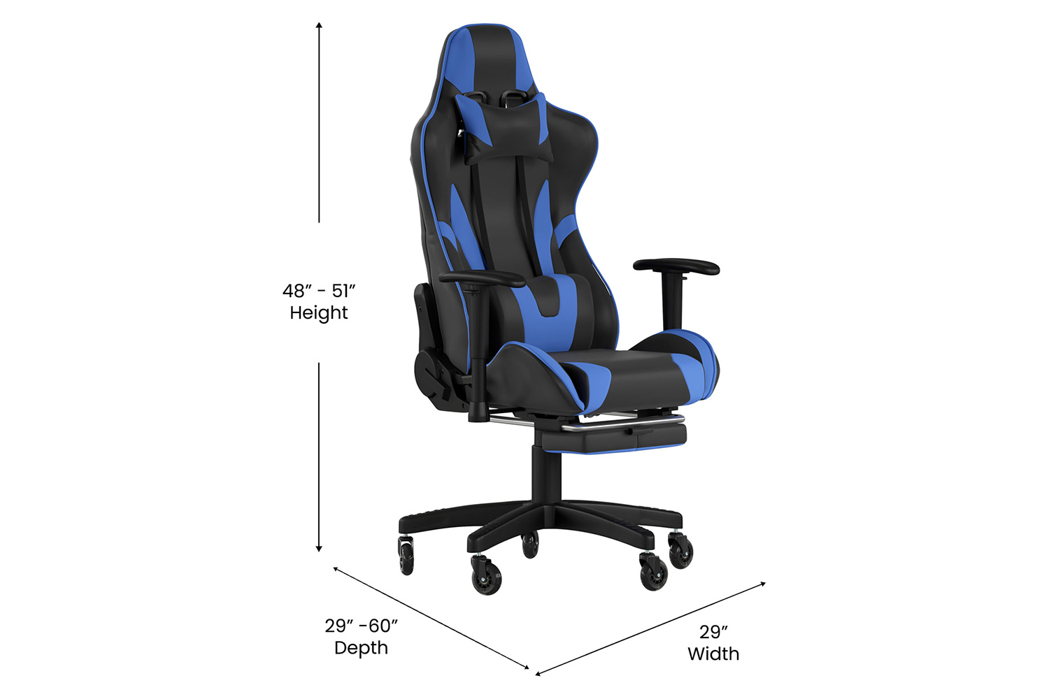 BLNK X30 Gaming Racing Computer Chair with Reclining Back, Slide-Out Footrest, and Transparent Roller Wheels - Blue