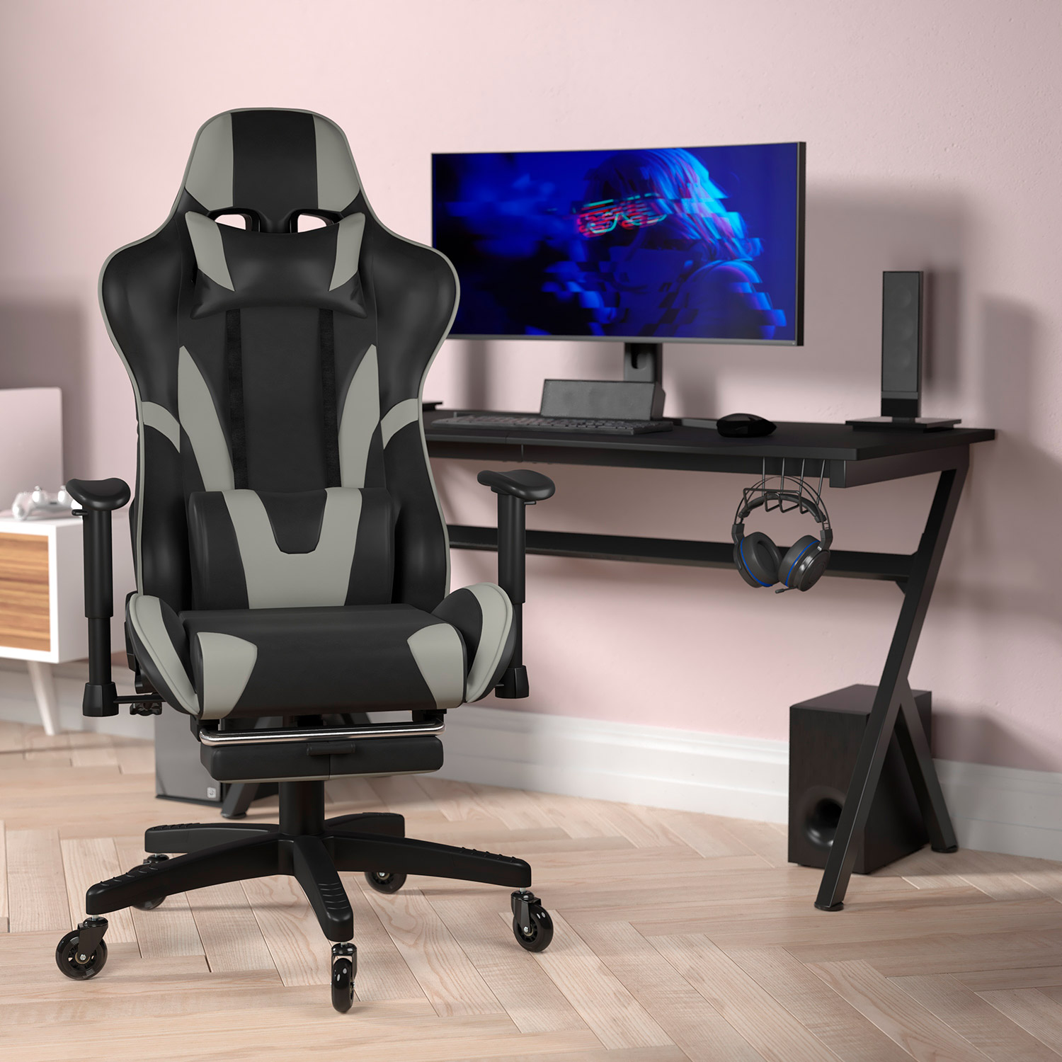 BLNK X30 Gaming Racing Computer Chair with Reclining Back, Slide-Out Footrest, and Transparent Roller Wheels