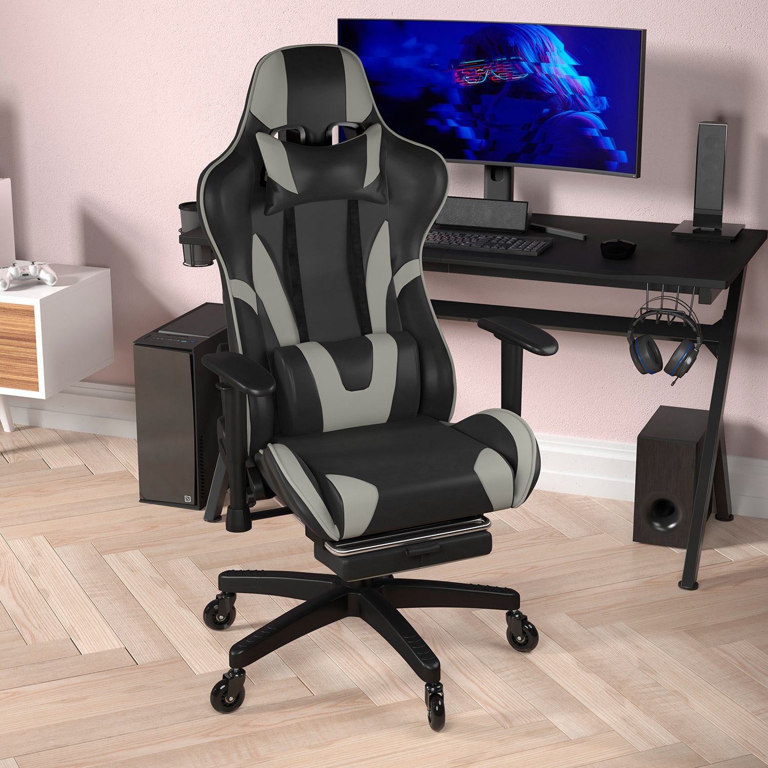 BLNK X30 Gaming Racing Computer Chair with Reclining Back, Slide-Out Footrest, and Transparent Roller Wheels - Gray