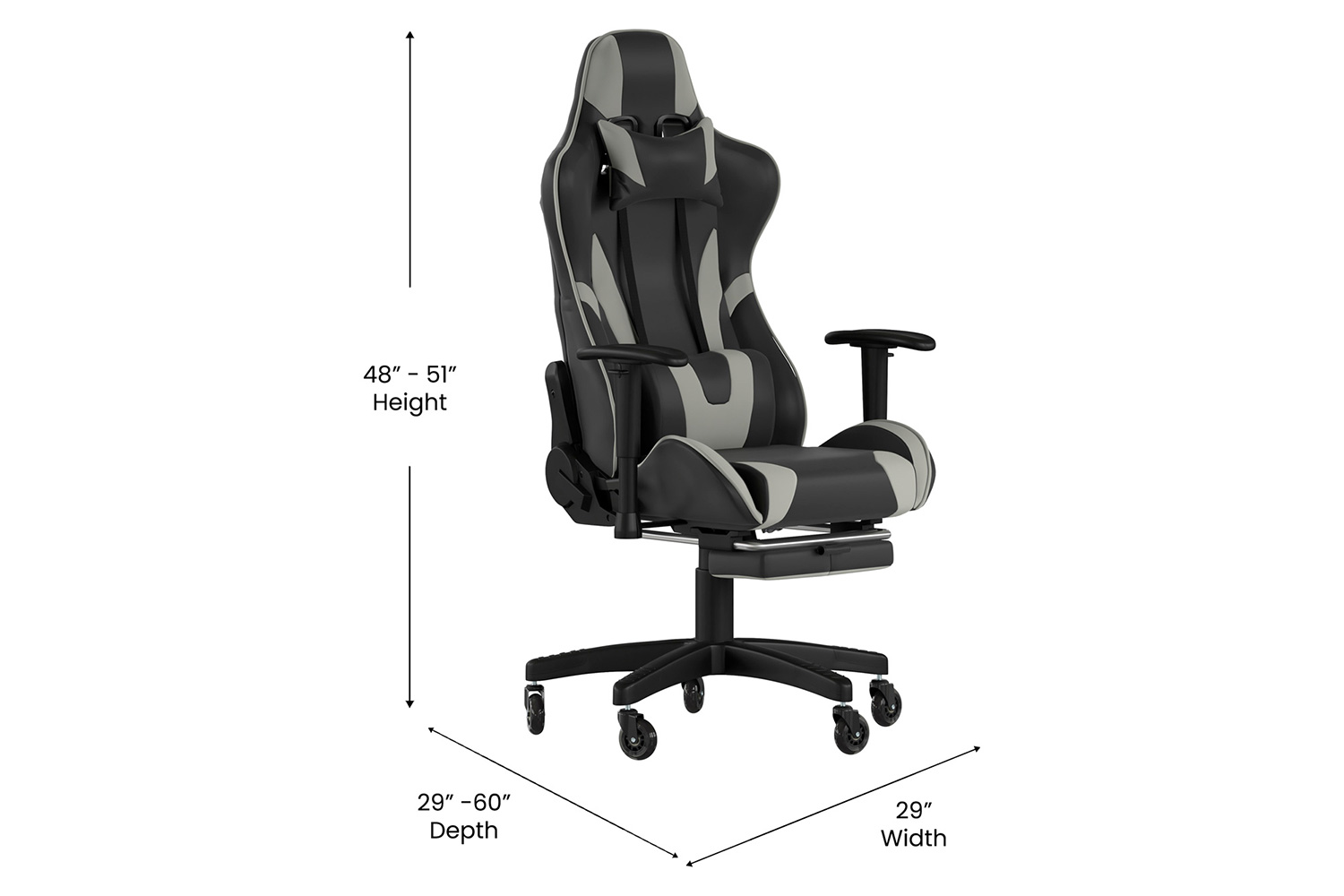 BLNK X30 Gaming Racing Computer Chair with Reclining Back, Slide-Out Footrest, and Transparent Roller Wheels - Gray