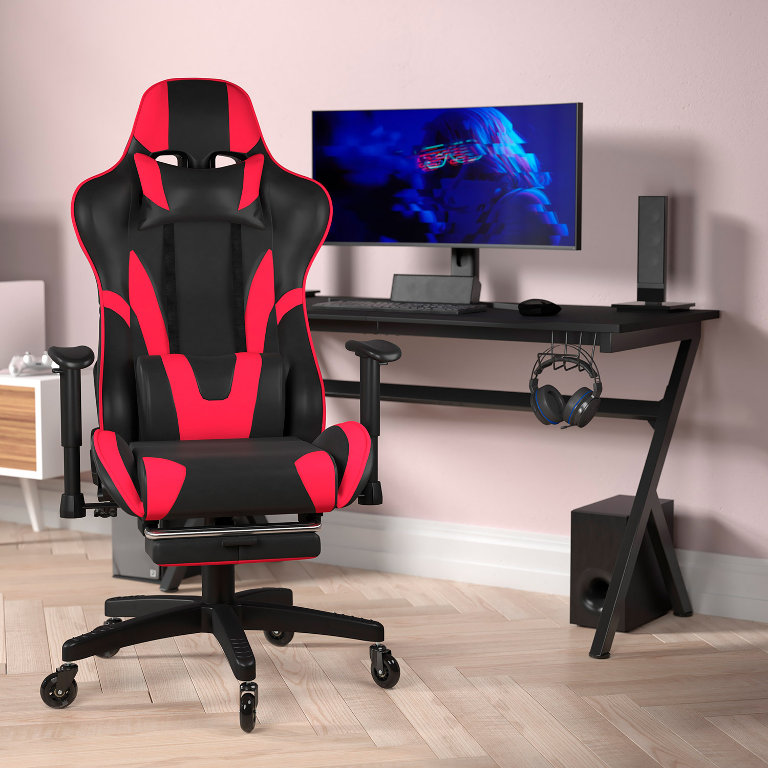 BLNK X30 Gaming Racing Computer Chair with Reclining Back, Slide-Out Footrest, and Transparent Roller Wheels