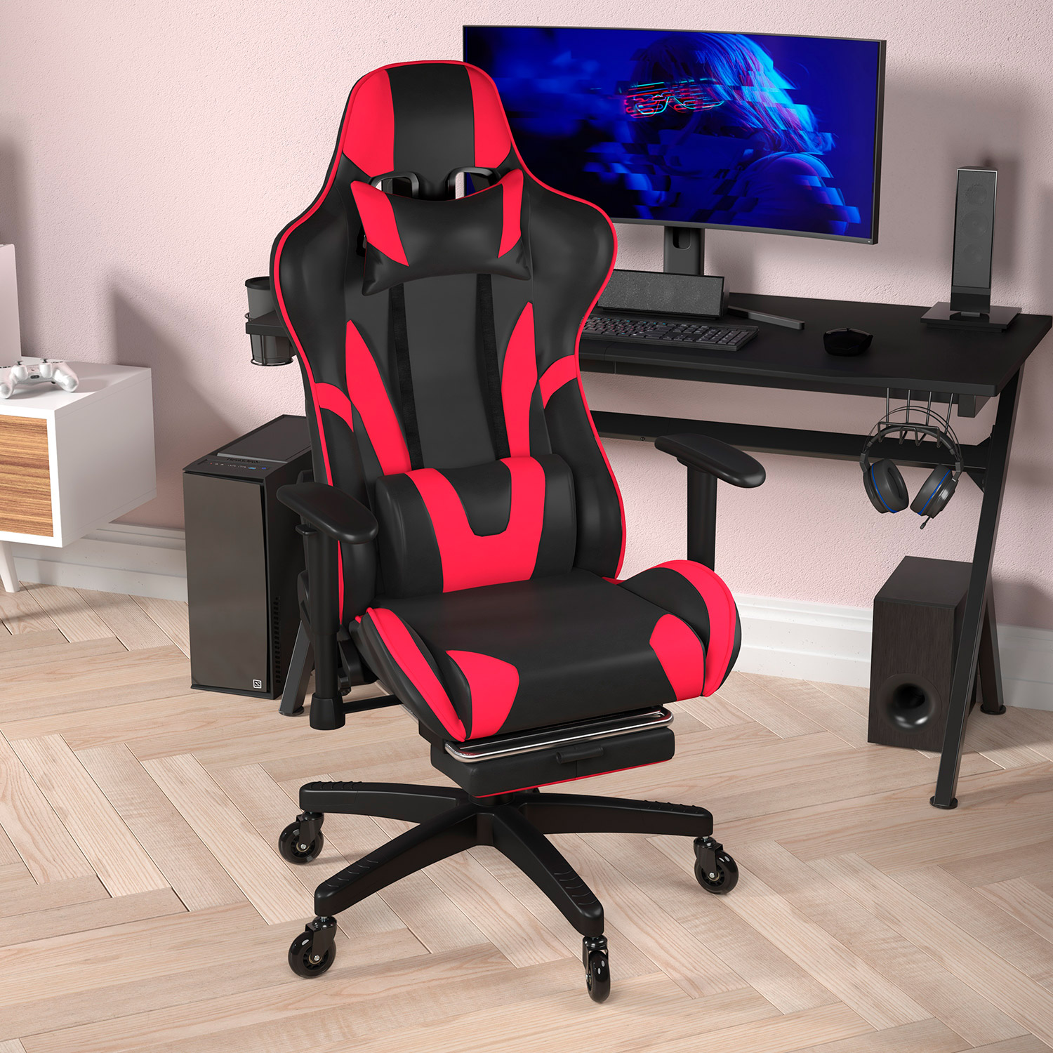 BLNK X30 Gaming Racing Computer Chair with Reclining Back, Slide-Out Footrest, and Transparent Roller Wheels - Red