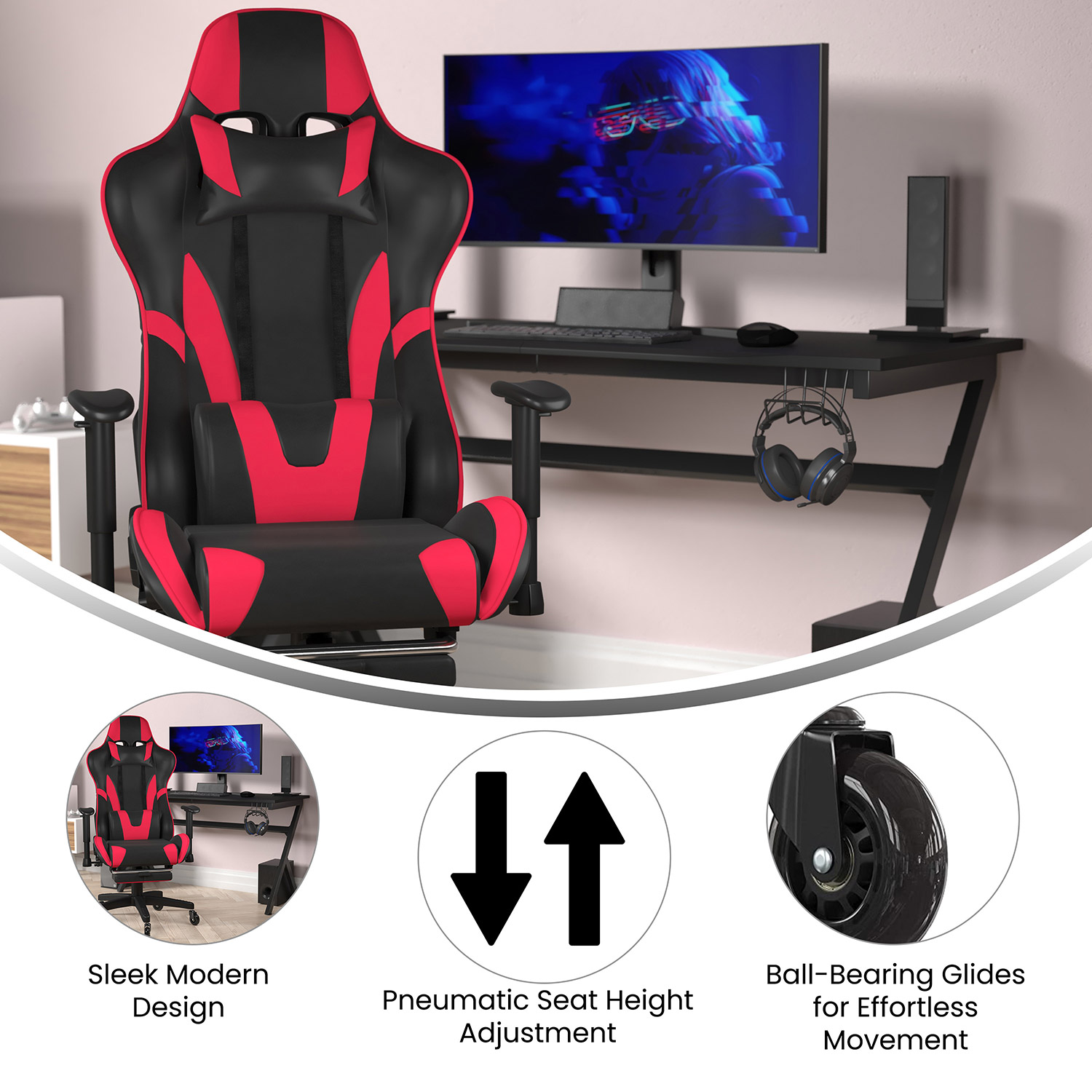 BLNK X30 Gaming Racing Computer Chair with Reclining Back, Slide-Out Footrest, and Transparent Roller Wheels - Red