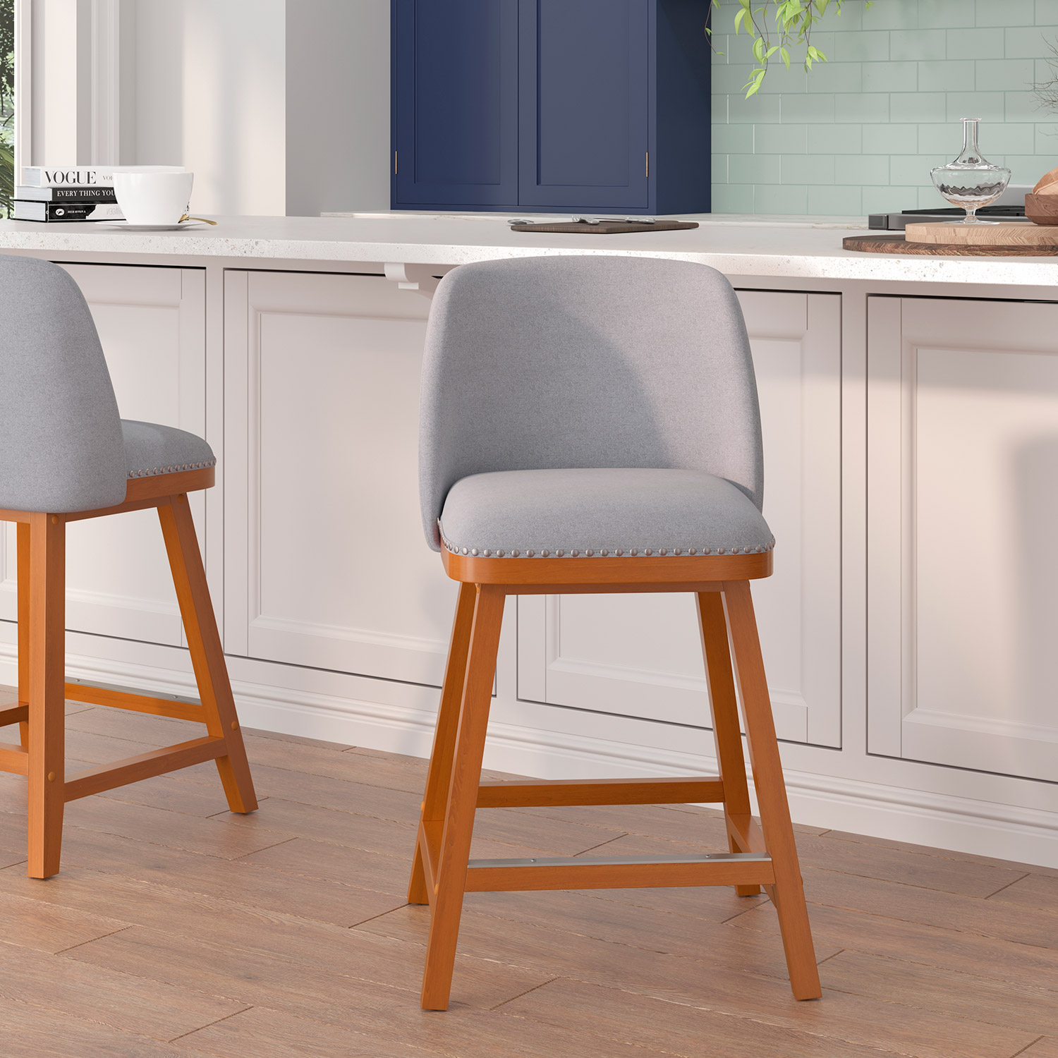 BLNK Julia Faux Linen Transitional Upholstered Counter Stools with Silver Nailhead Trim and Walnut Finish Solid Wood Frames Set of 2