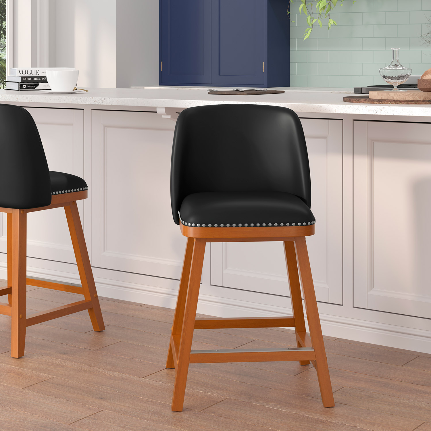 BLNK Julia LeatherSoft Transitional Upholstered Counter Stools with Silver Nailhead Trim and Walnut Finish Solid Wood Frames Set of 2