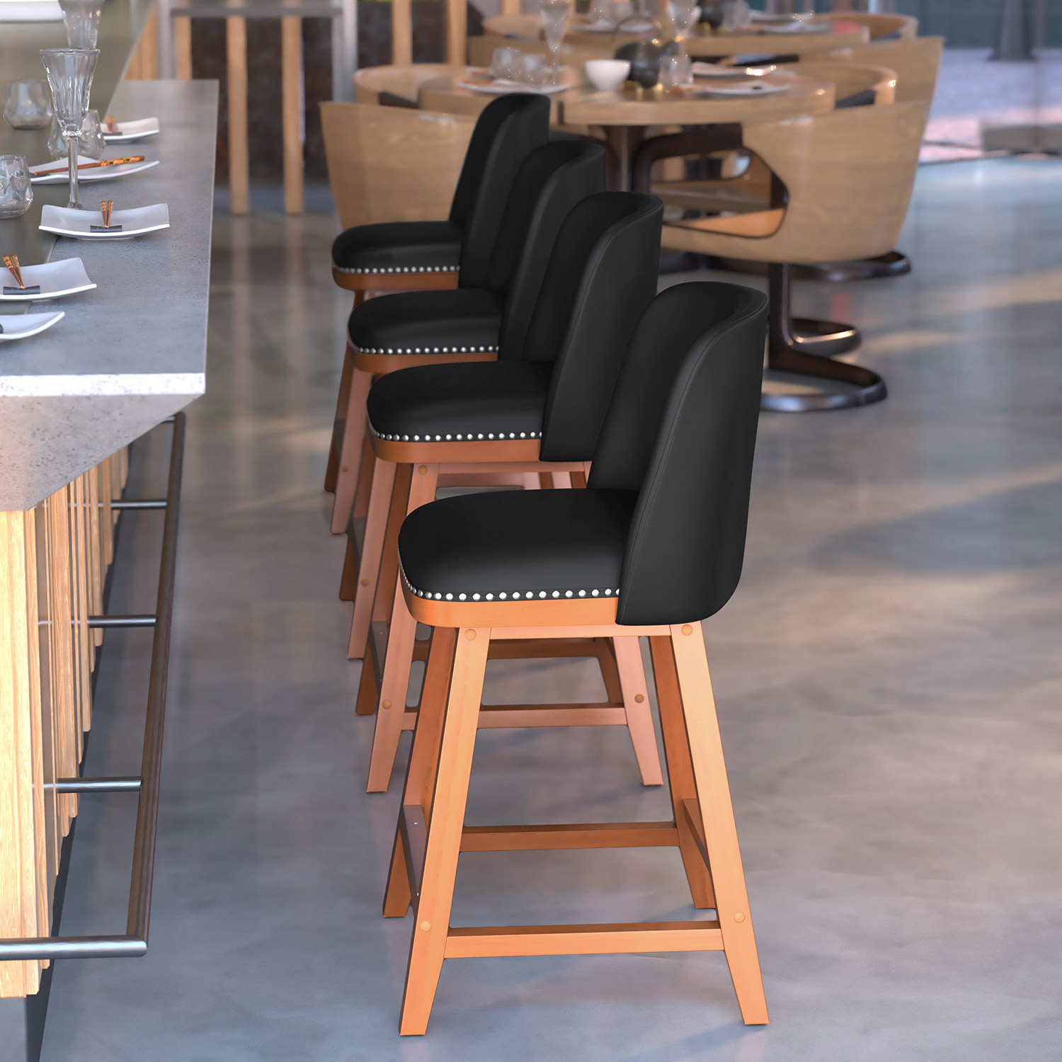 BLNK™ Julia LeatherSoft Transitional Upholstered Counter Stools with Silver Nailhead Trim and Walnut Finish Solid Wood Frames Set of 2 - Black