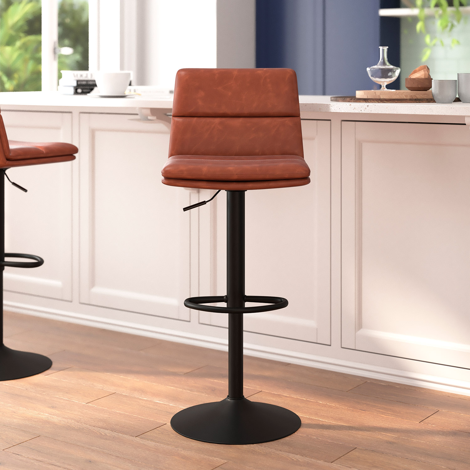 BLNK Hughes Commercial LeatherSoft Modern Mid-Back Adjustable Channel Stitched Bar Stools Set of 2