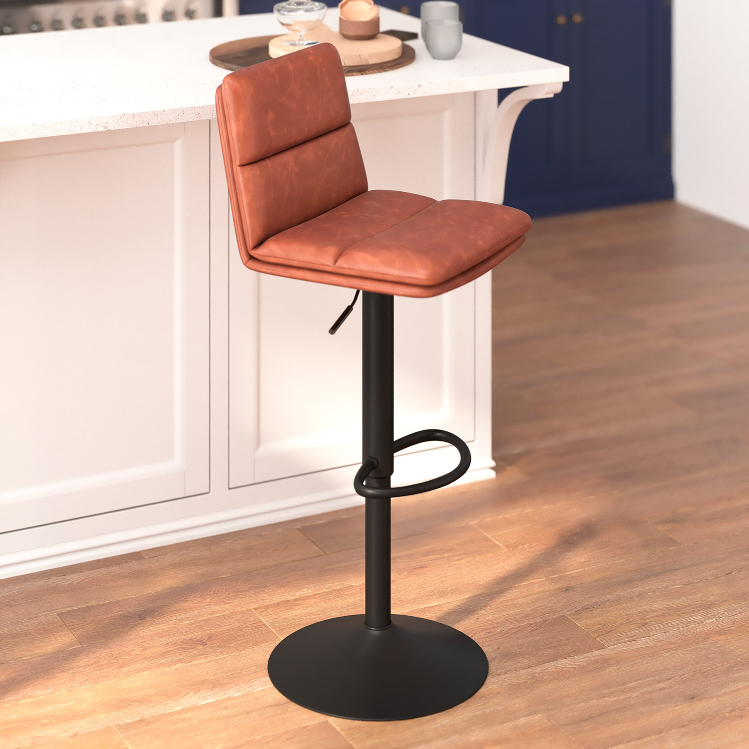 BLNK Hughes Commercial LeatherSoft Modern Mid-Back Adjustable Channel Stitched Bar Stools Set of 2 - Cognac