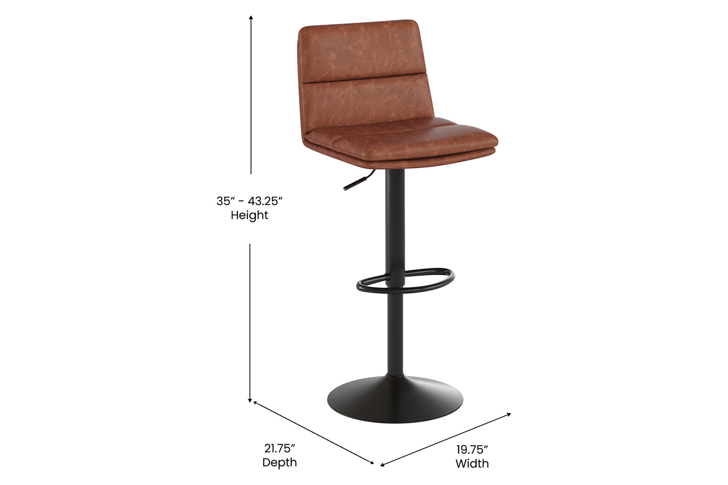 BLNK Hughes Commercial LeatherSoft Modern Mid-Back Adjustable Channel Stitched Bar Stools Set of 2 - Cognac