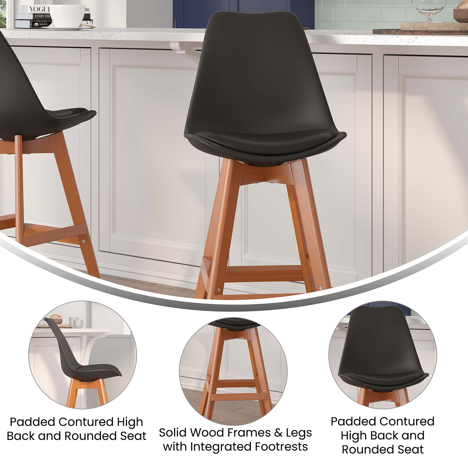 BLNK™ Dana Commercial LeatherSoft Modern Counter Stools with Plastic Backrest and Padded Seat Set of 2 - Black