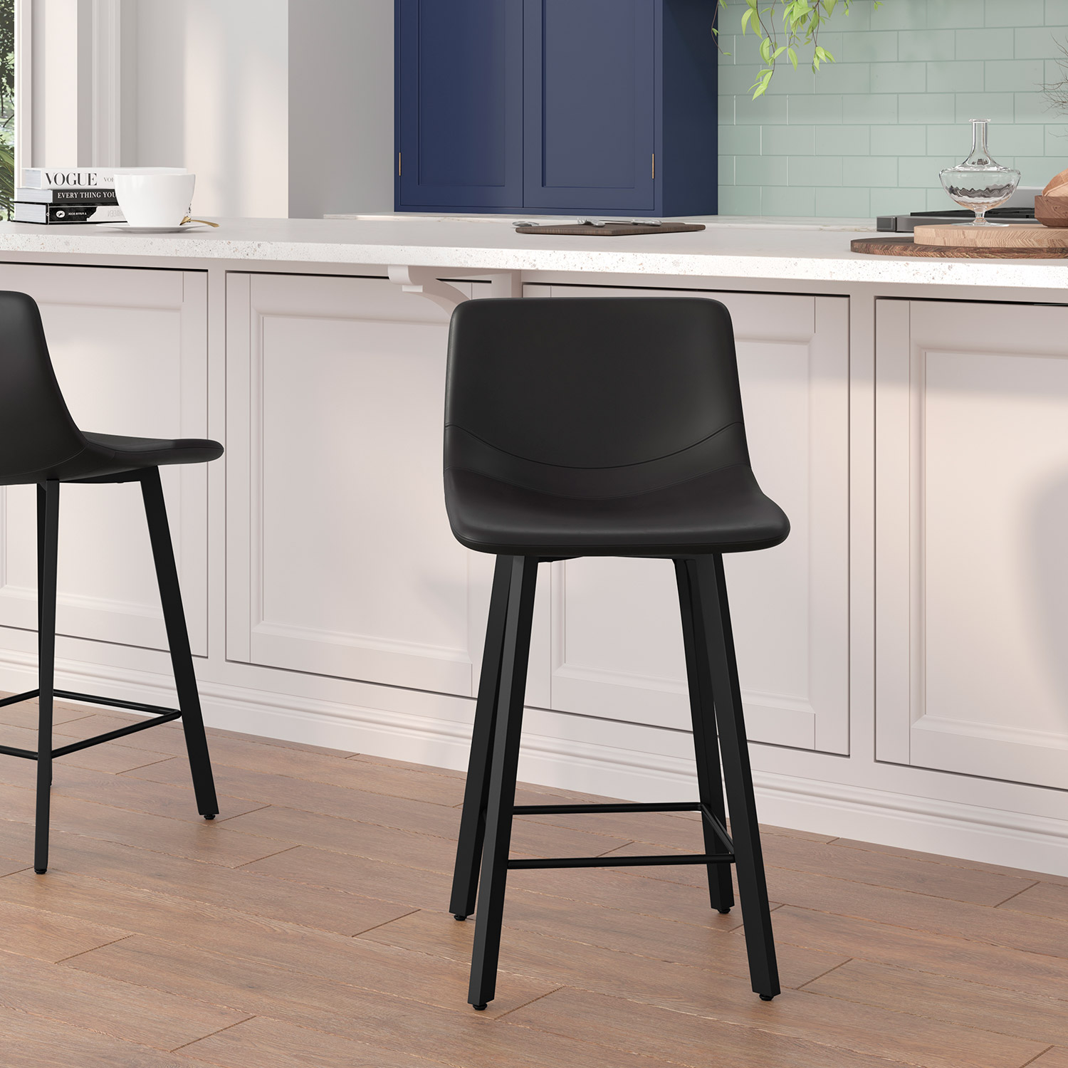 BLNK Caleb Commercial LeatherSoft Armless Counter Height Stools with Footrests with Black Matte Metal Frames Set of 2