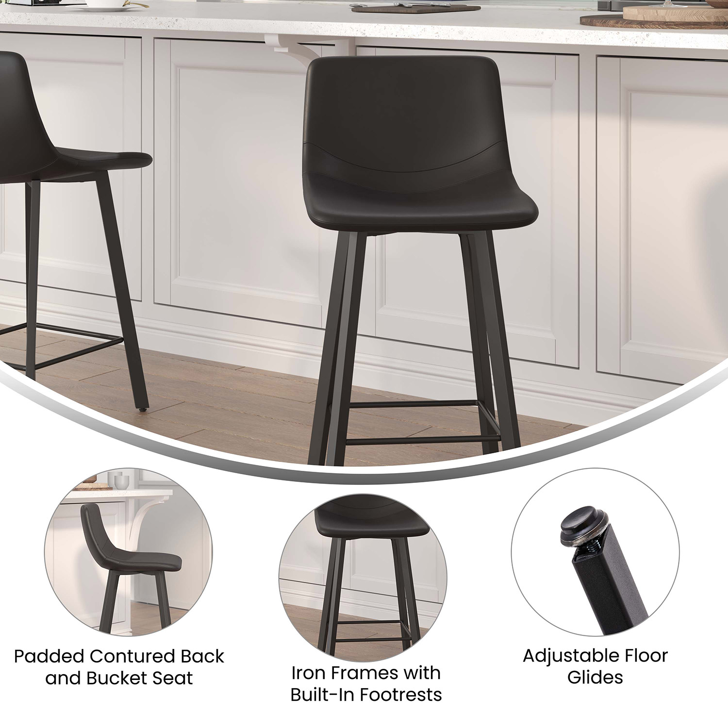 BLNK Caleb Commercial LeatherSoft Armless Counter Height Stools with Footrests with Black Matte Metal Frames Set of 2 - Black