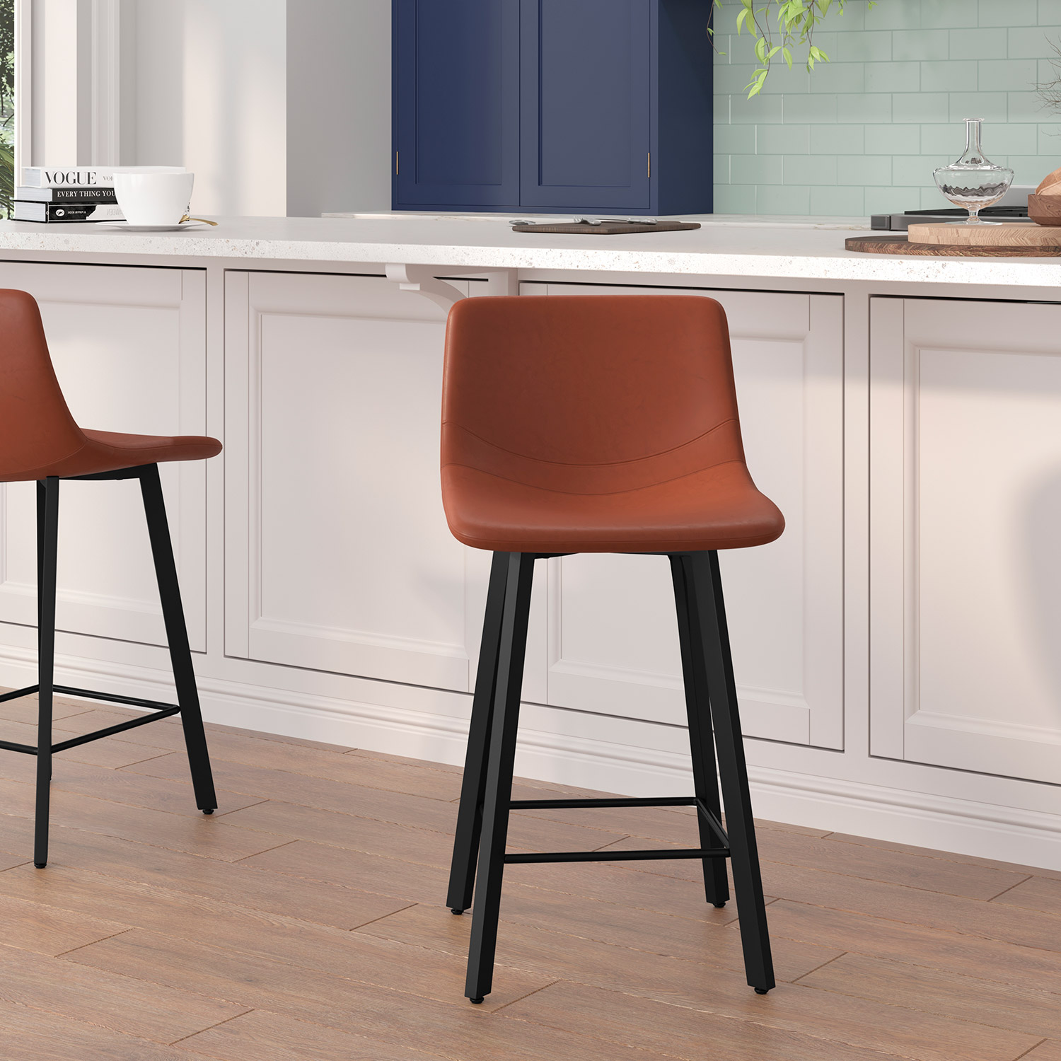 BLNK Caleb Commercial LeatherSoft Armless Counter Height Stools with Footrests with Black Matte Metal Frames Set of 2