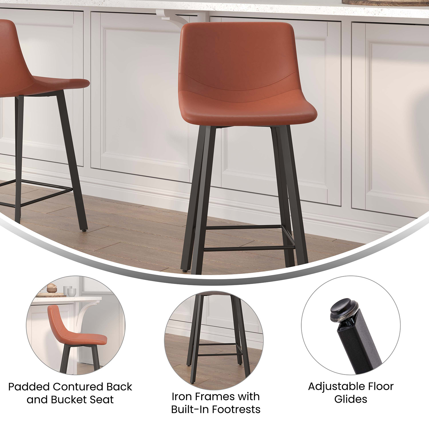 BLNK Caleb Commercial LeatherSoft Armless Counter Height Stools with Footrests with Black Matte Metal Frames Set of 2 - Cognac