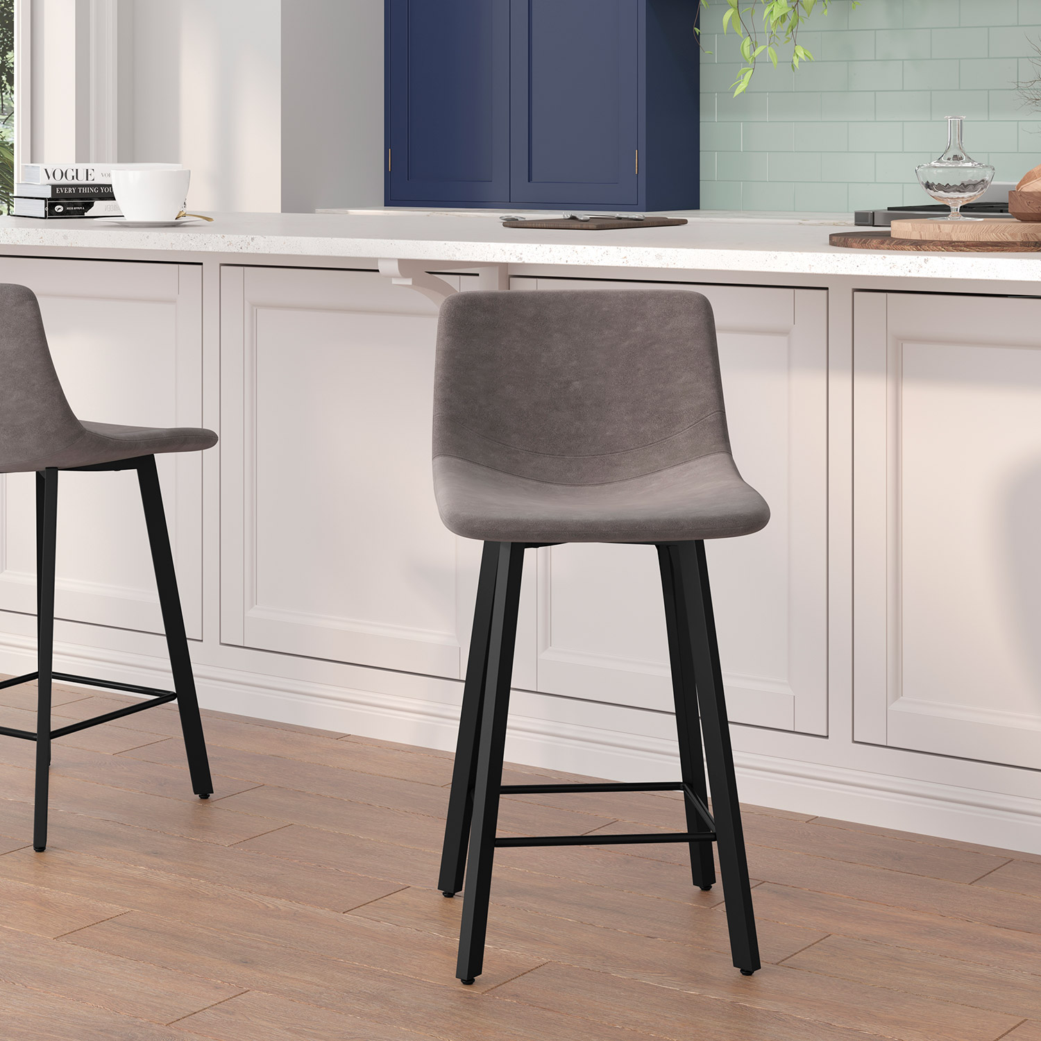 BLNK Caleb Commercial LeatherSoft Armless Counter Height Stools with Footrests with Black Matte Metal Frames Set of 2