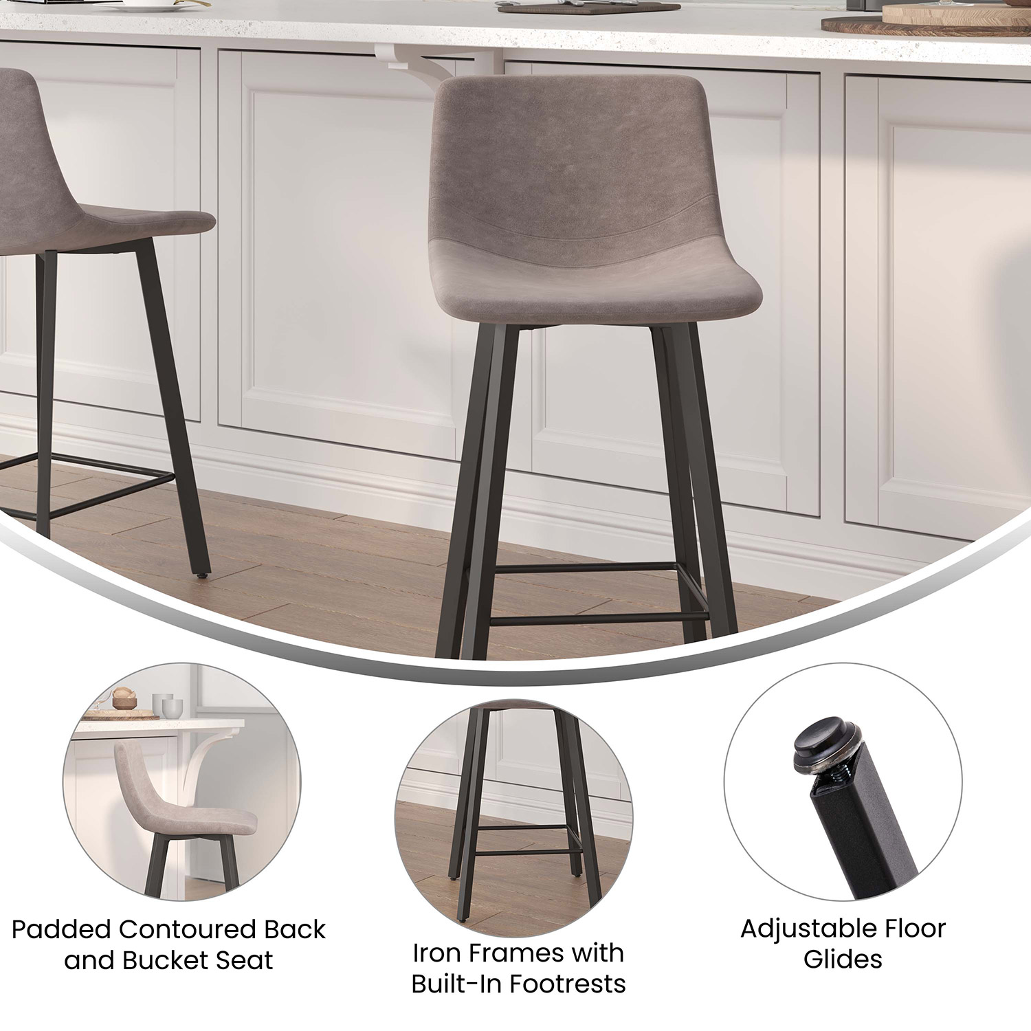 BLNK Caleb Commercial LeatherSoft Armless Counter Height Stools with Footrests with Black Matte Metal Frames Set of 2 - Gray