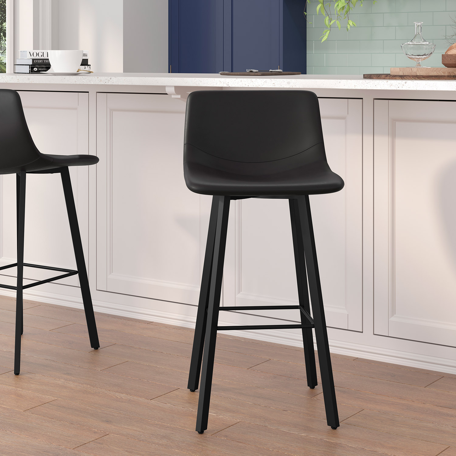 BLNK Caleb LeatherSoft Armless Bar Height Commercial Grade Bar Stools with Footrests and Black Matte Iron Frames Set of 2