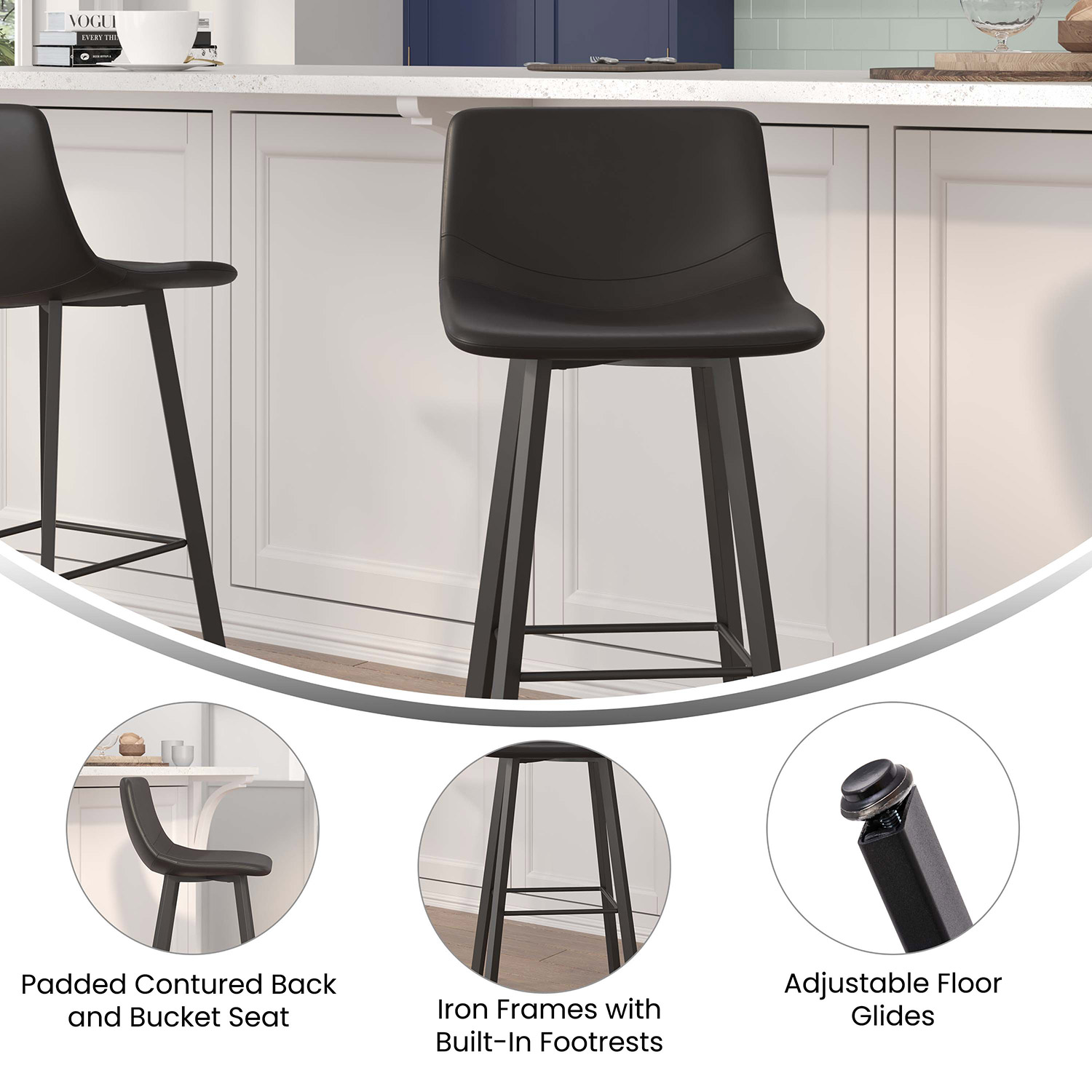 BLNK Caleb LeatherSoft Armless Bar Height Commercial Grade Bar Stools with Footrests and Black Matte Iron Frames Set of 2 - Black