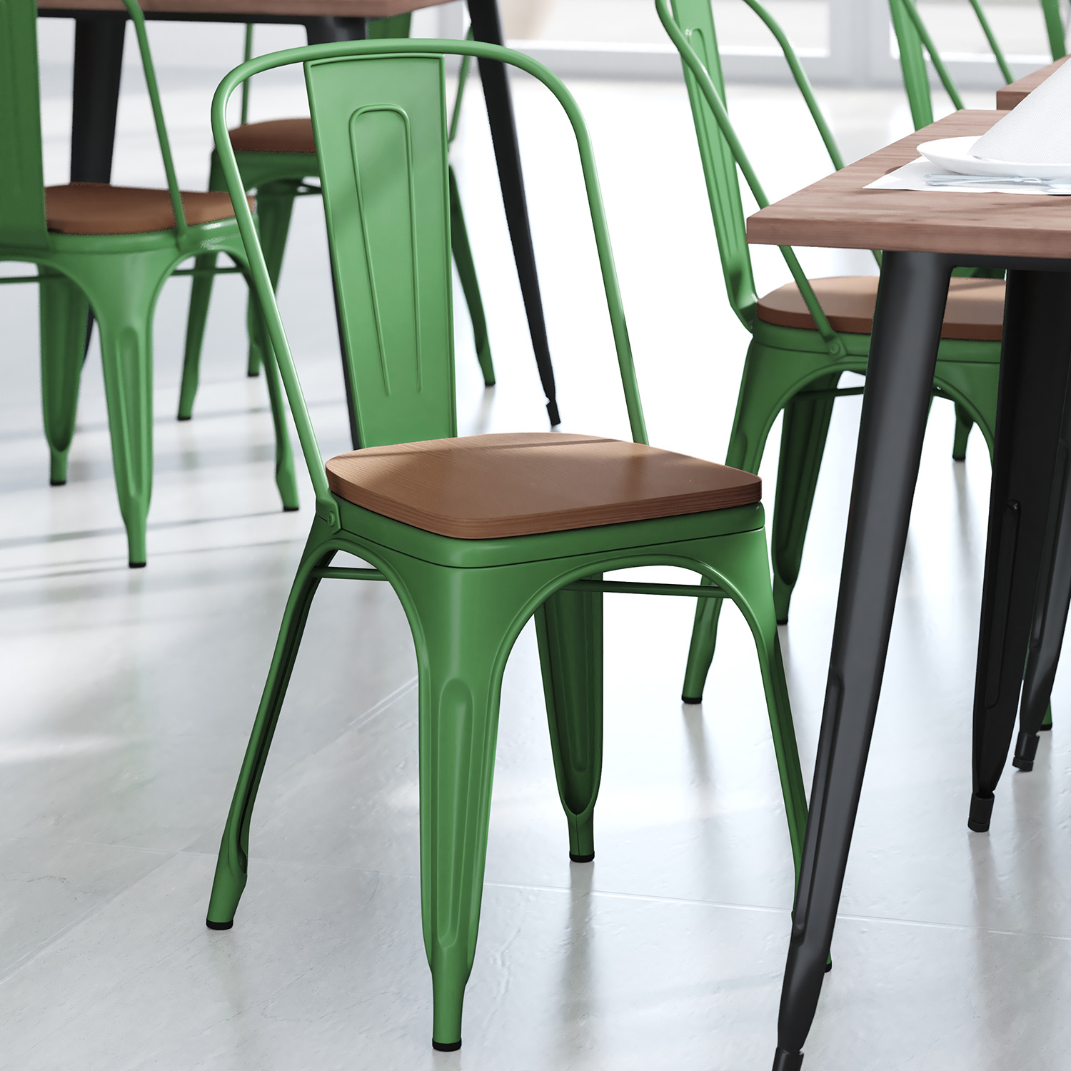 BLNK Perry Commercial Metal Indoor-Outdoor Stackable Chair with Poly Resin Wood Seat - Green/Teak