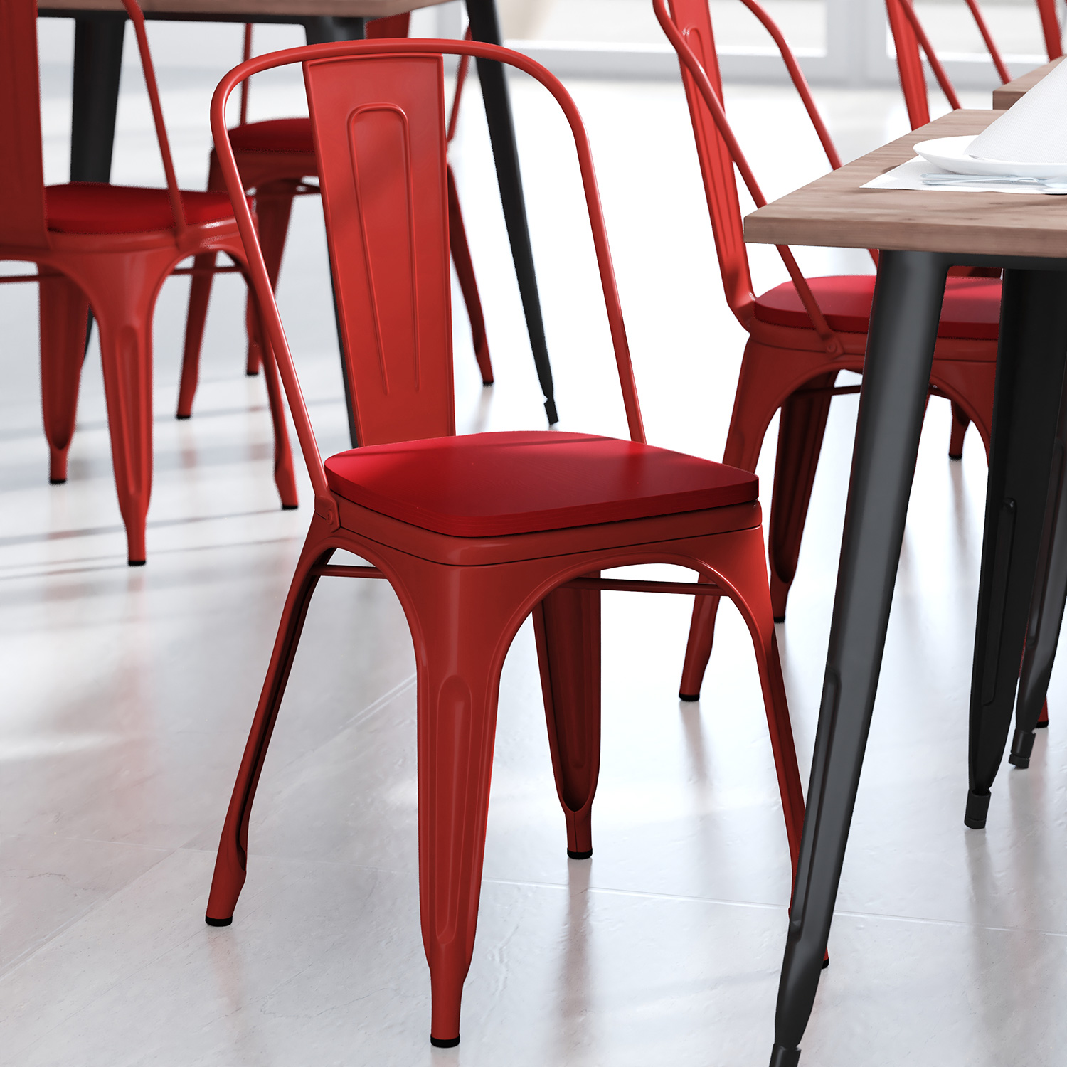 BLNK Perry Commercial Metal Indoor-Outdoor Stackable Chair with Poly Resin Wood Seat - Red