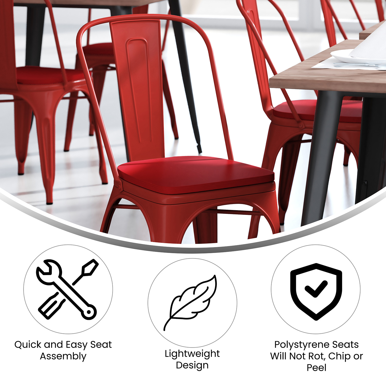 BLNK Perry Commercial Metal Indoor-Outdoor Stackable Chair with Poly Resin Wood Seat - Red