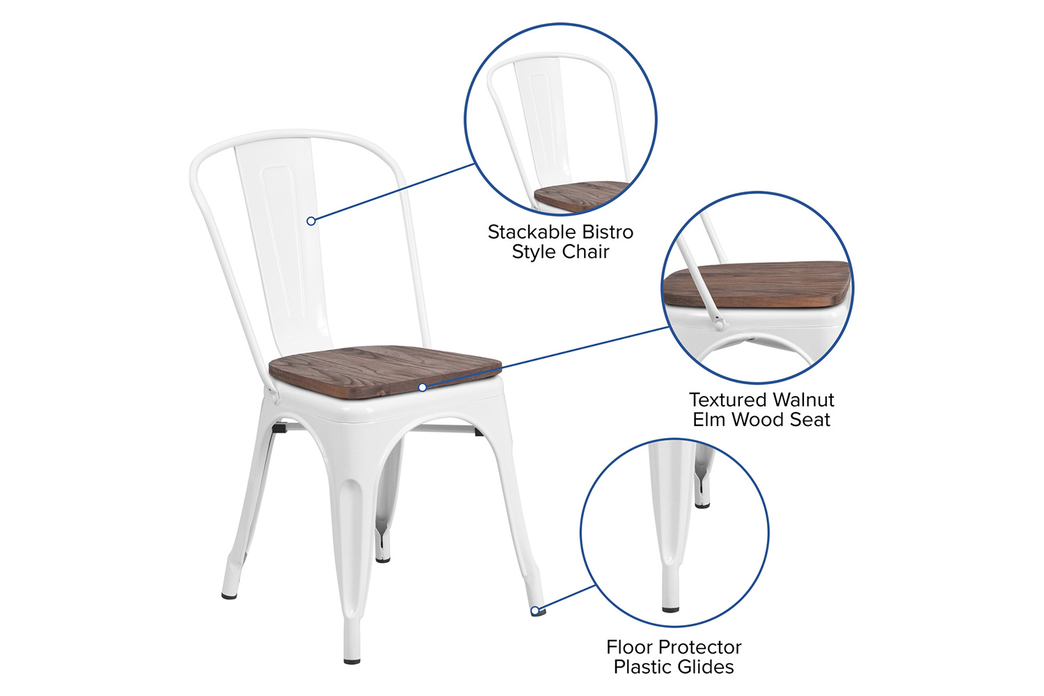 BLNK Perry Metal Stackable Chair with Wood Seat - White