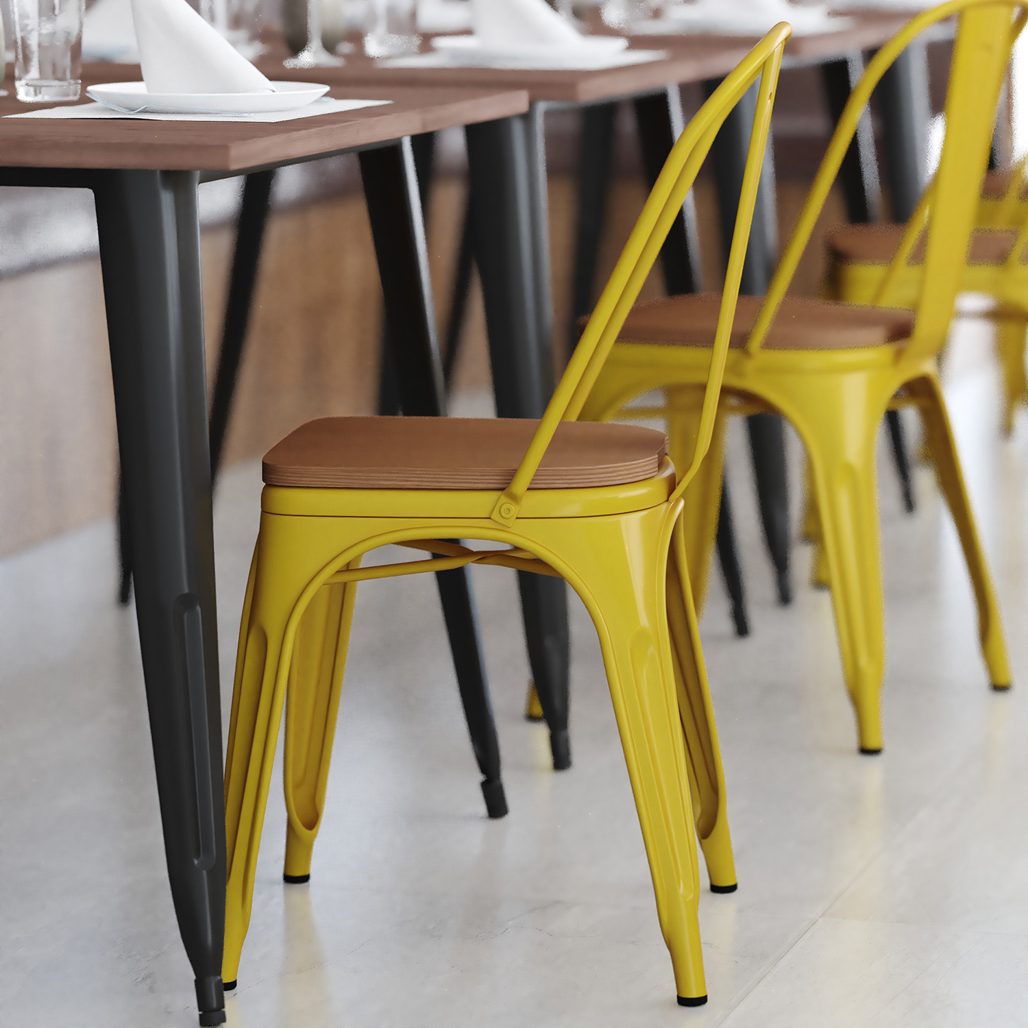 BLNK Perry Commercial Metal Indoor-Outdoor Stackable Chair with Poly Resin Wood Seat - Yellow/Teak