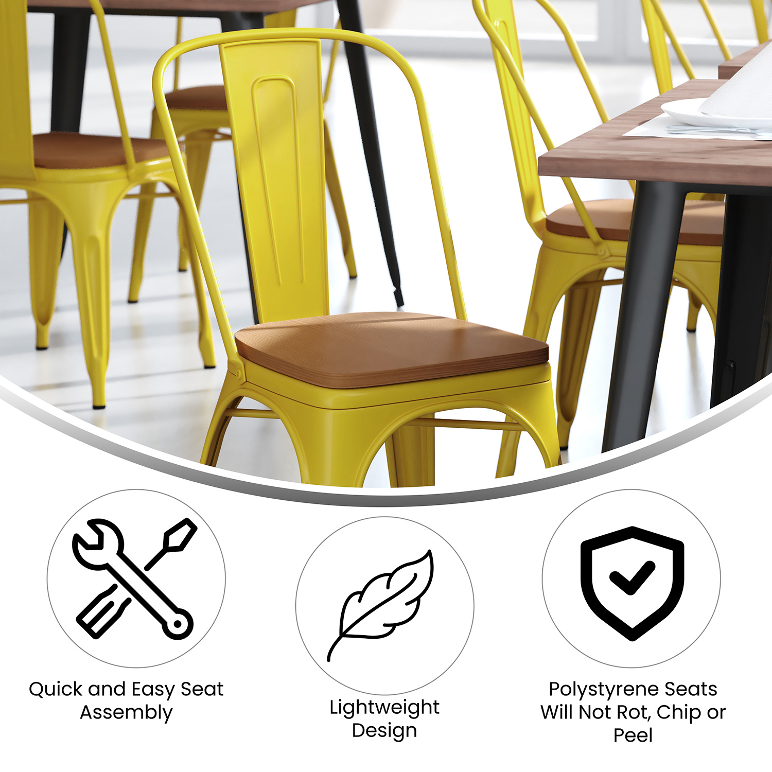 BLNK Perry Commercial Metal Indoor-Outdoor Stackable Chair with Poly Resin Wood Seat - Yellow/Teak