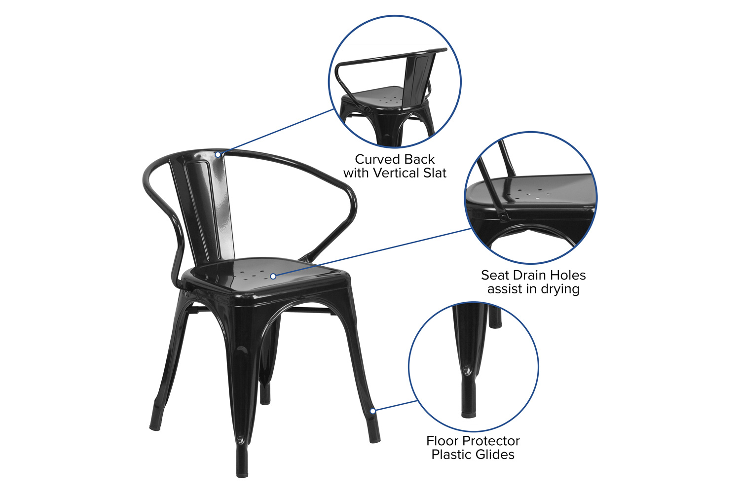 BLNK™ Luna Commercial Metal Indoor-Outdoor Chair with Arms - Black