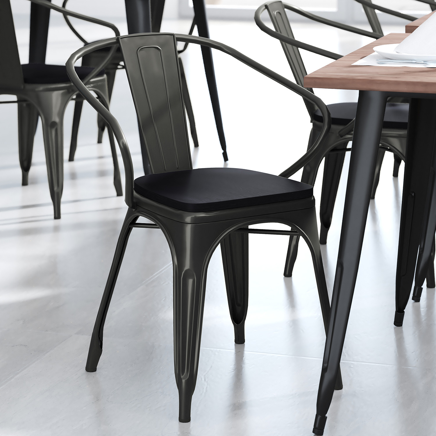 BLNK Luna Commercial Metal Indoor-Outdoor Chair with Arms with Black Poly Resin Wood Seat