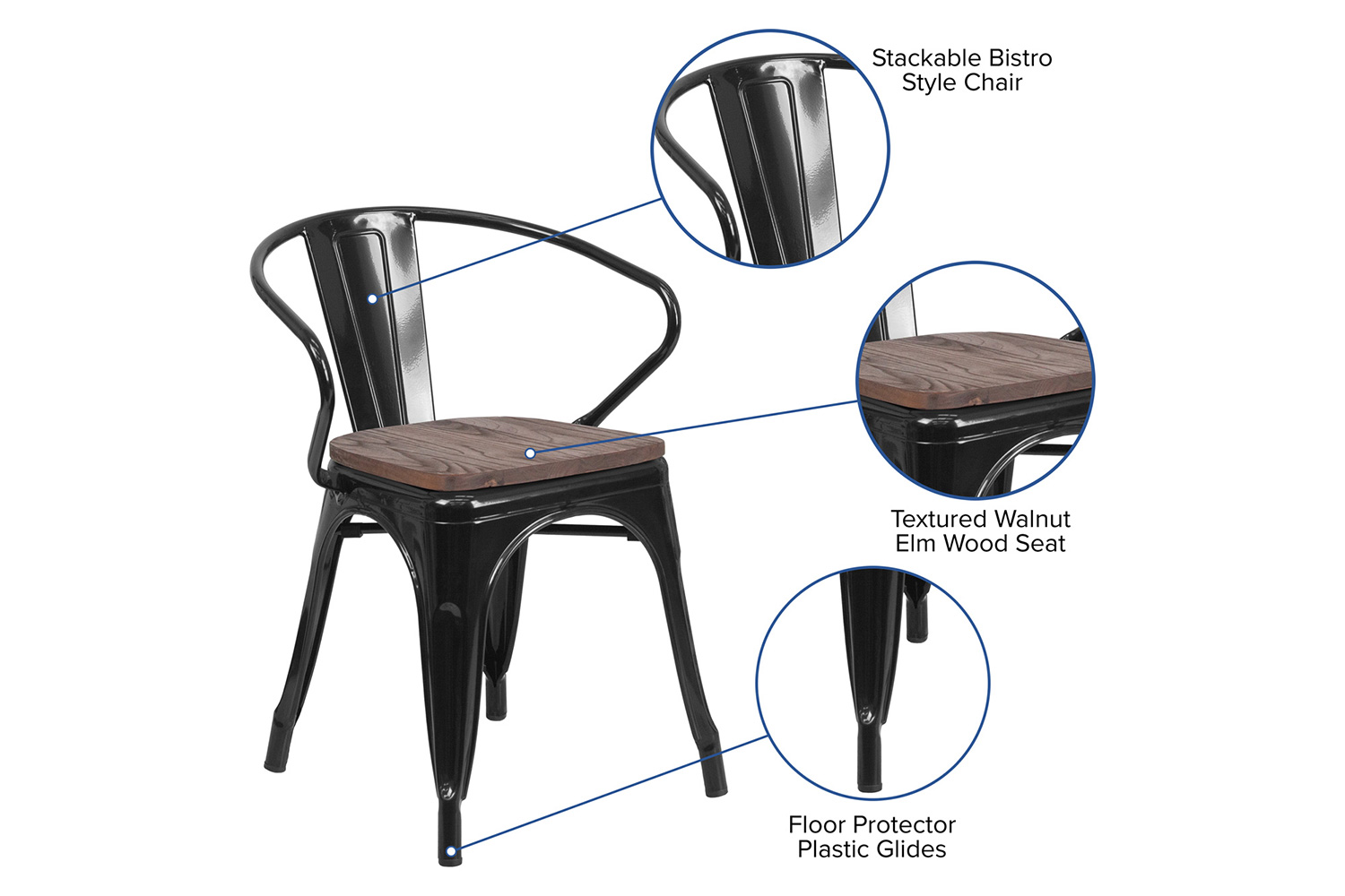 BLNK™ Luna Metal Chair with Wood Seat and Arms - Black