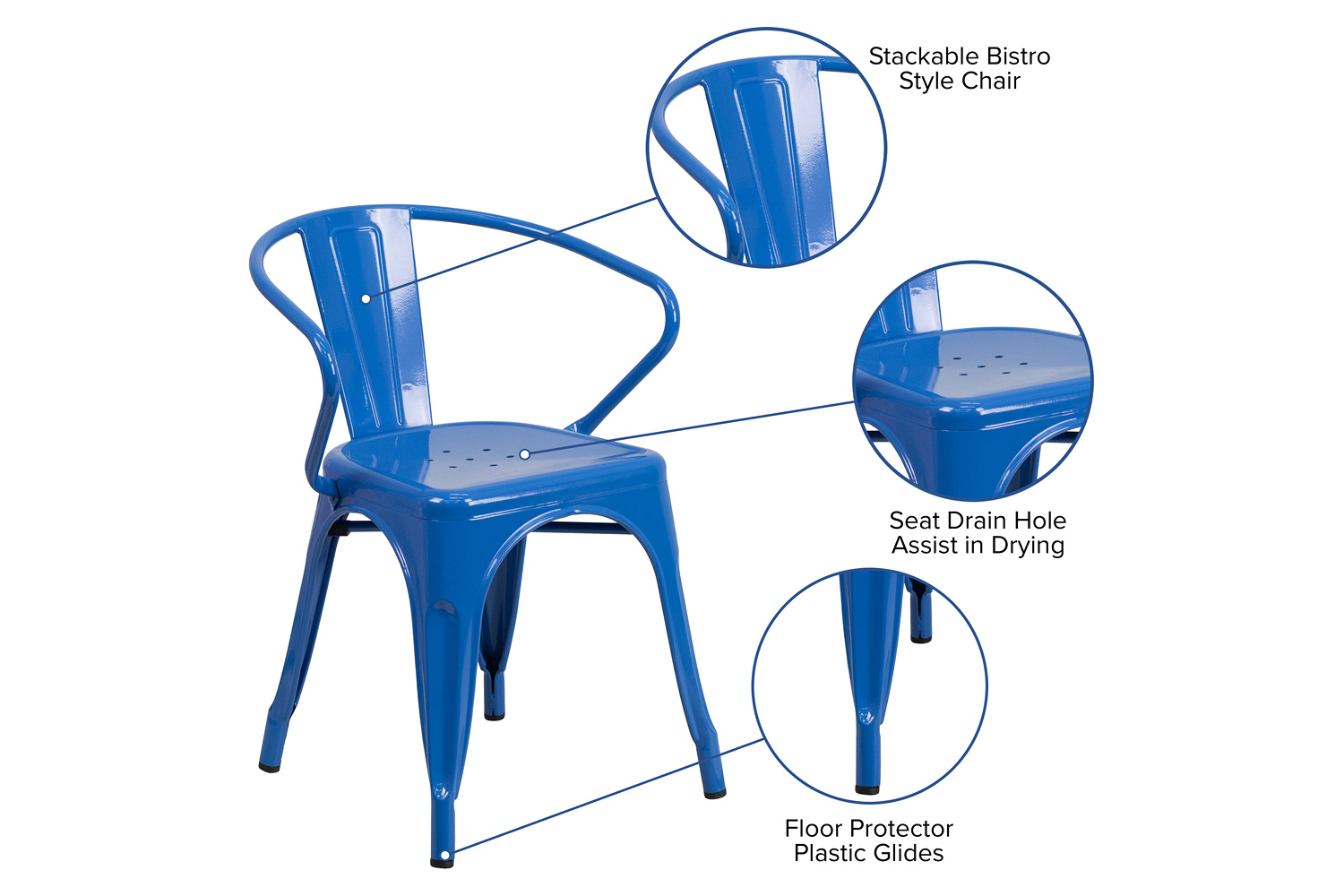 BLNK™ Luna Commercial Metal Indoor-Outdoor Chair with Arms - Blue