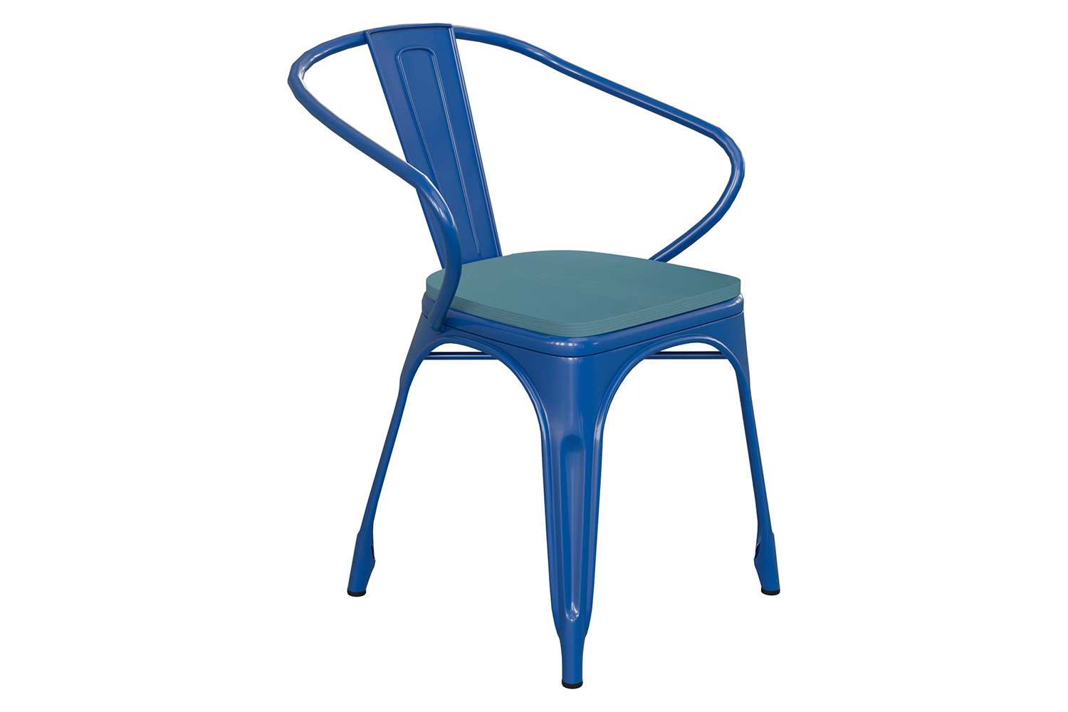 BLNK Luna Commercial Metal Indoor-Outdoor Chair with Arms with Teal-Blue Poly Resin Wood Seat