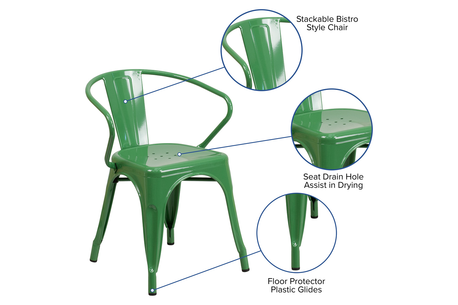 BLNK™ Luna Commercial Metal Indoor-Outdoor Chair with Arms - Green