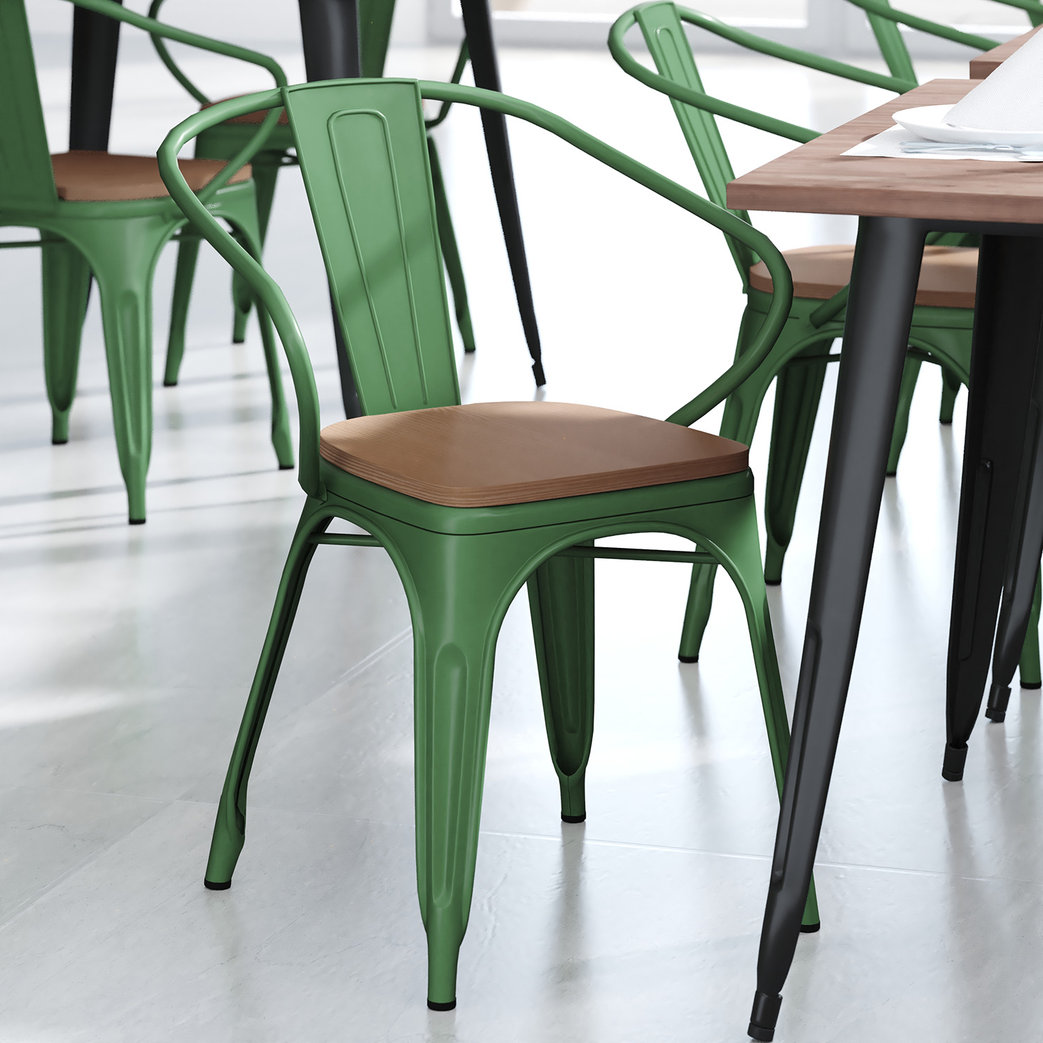 BLNK Luna Commercial Metal Indoor-Outdoor Chair with Arms with Teak Poly Resin Wood Seat - Green