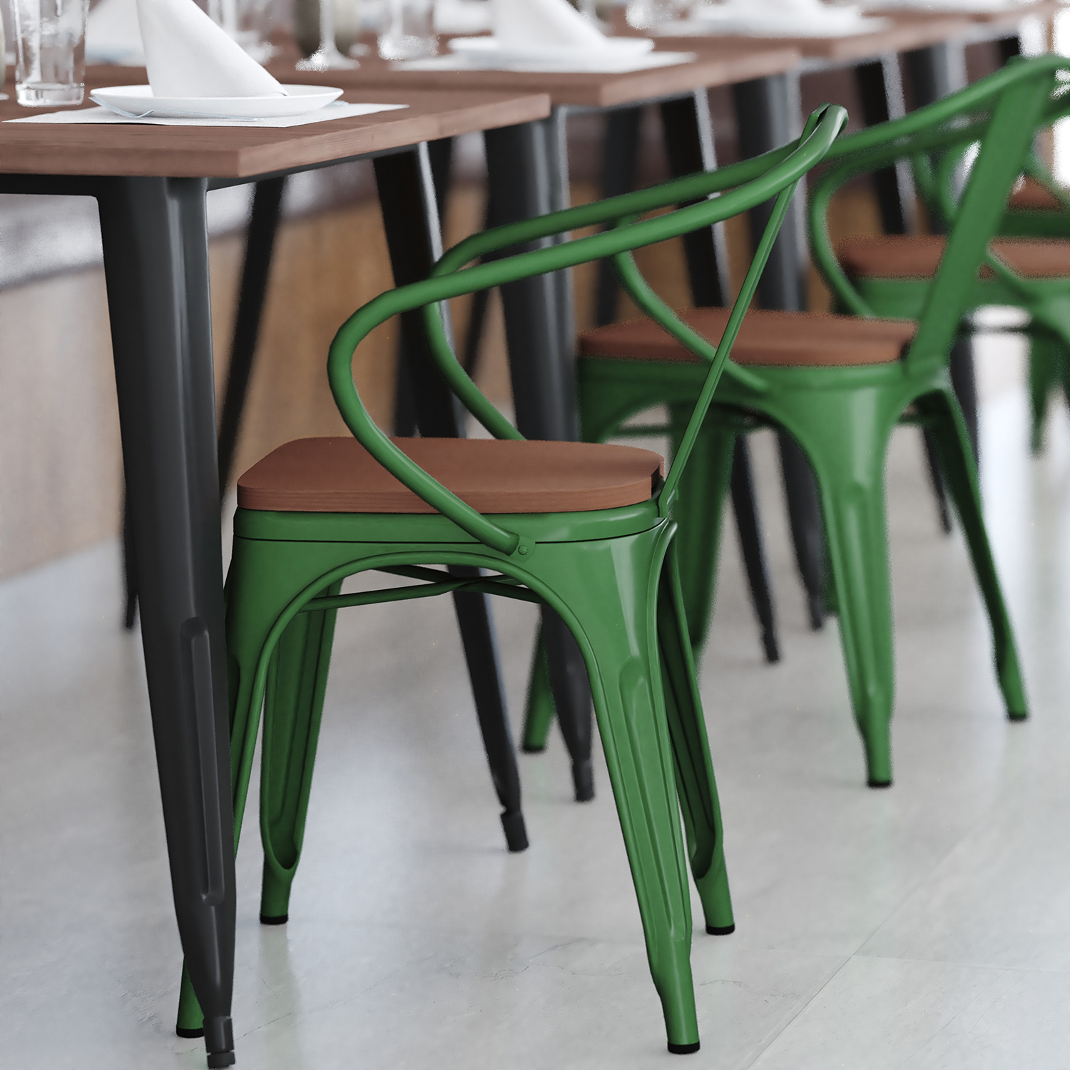 BLNK Luna Commercial Metal Indoor-Outdoor Chair with Arms with Teak Poly Resin Wood Seat - Green