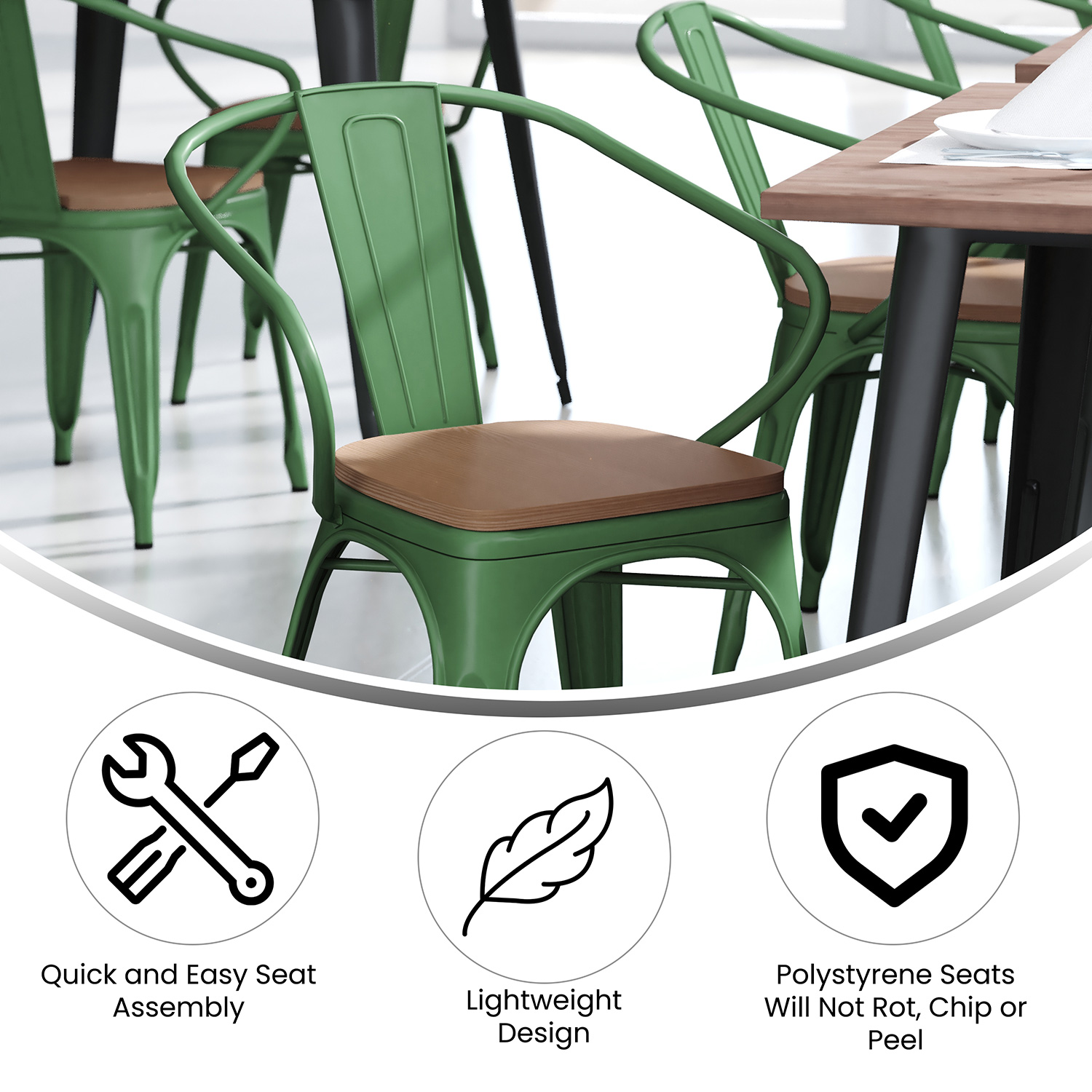 BLNK Luna Commercial Metal Indoor-Outdoor Chair with Arms with Teak Poly Resin Wood Seat - Green