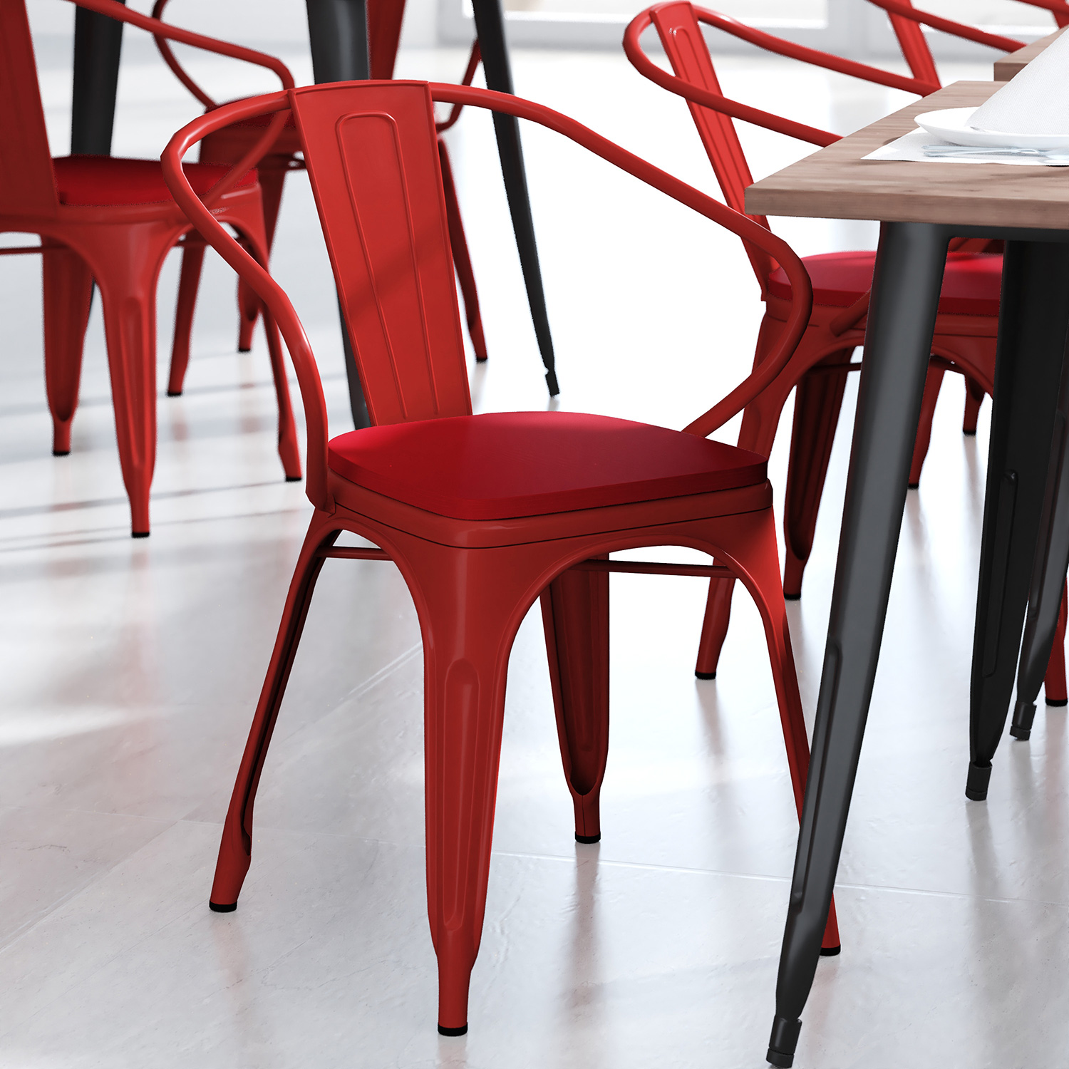 BLNK Luna Commercial Metal Indoor-Outdoor Chair with Arms with Red Poly Resin Wood Seat