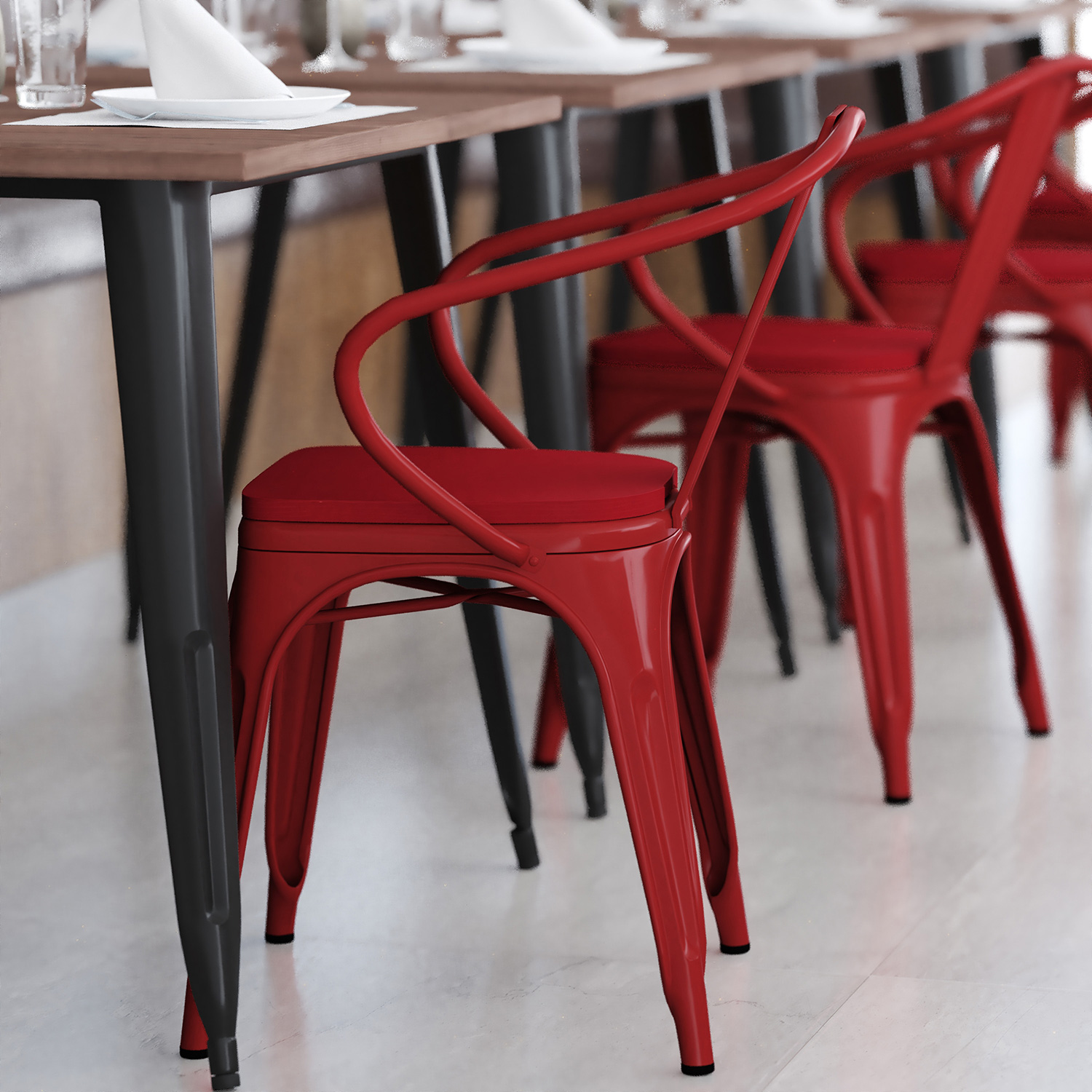 BLNK Luna Commercial Metal Indoor-Outdoor Chair with Arms with Red Poly Resin Wood Seat