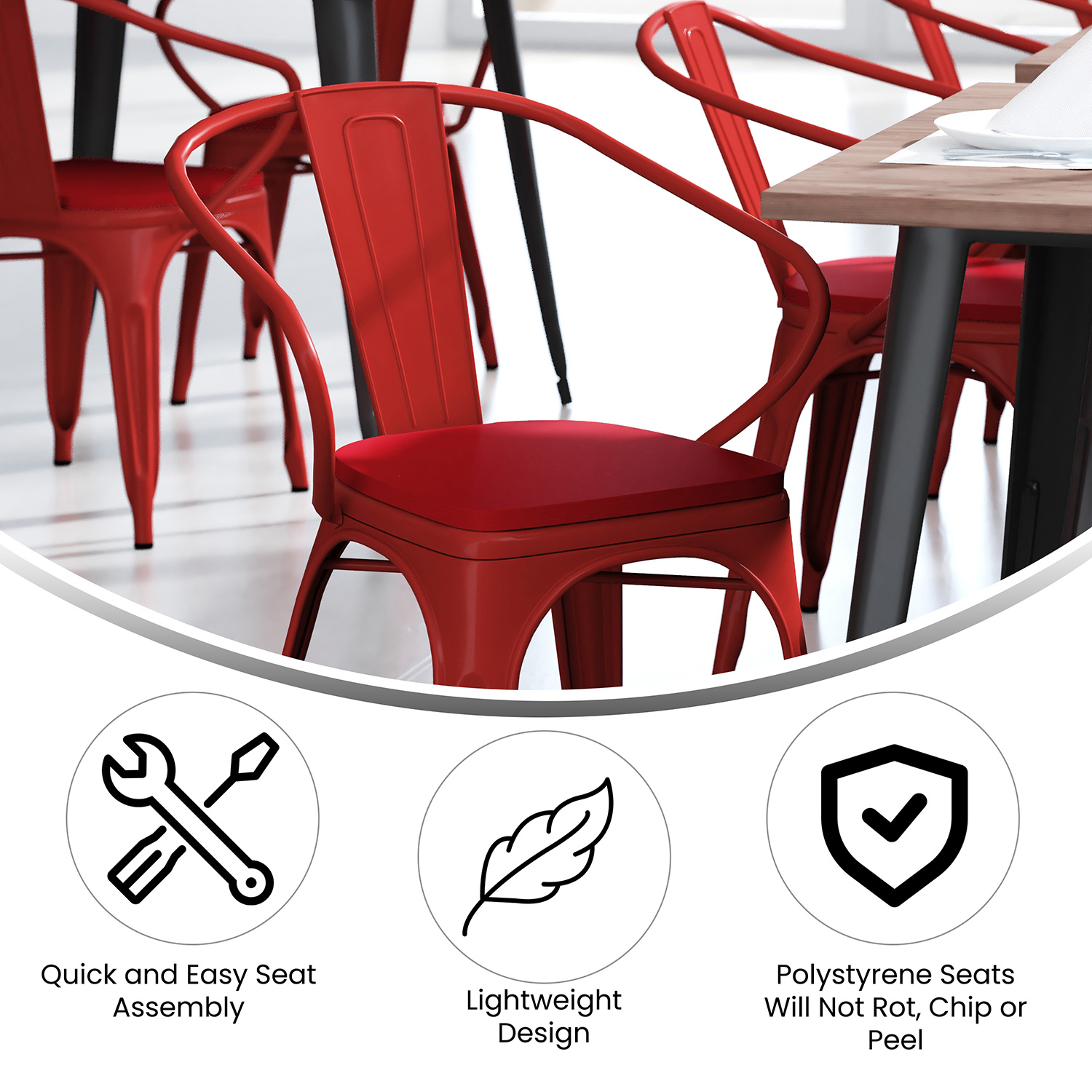 BLNK Luna Commercial Metal Indoor-Outdoor Chair with Arms with Red Poly Resin Wood Seat