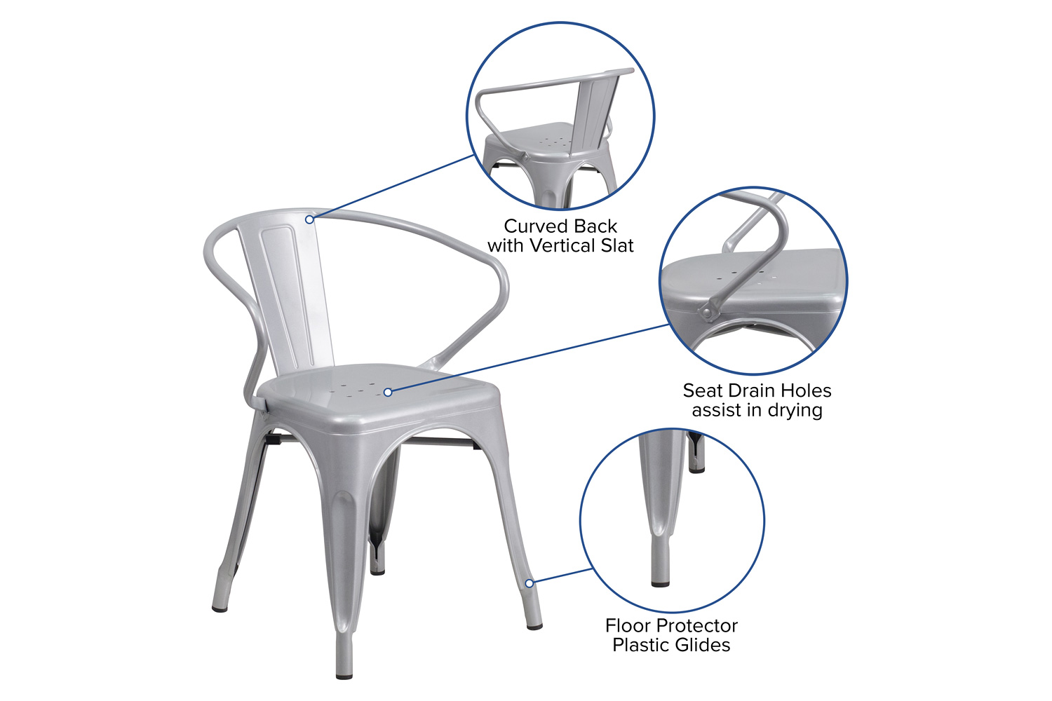 BLNK Luna Commercial Metal Indoor-Outdoor Chair with Arms - Silver