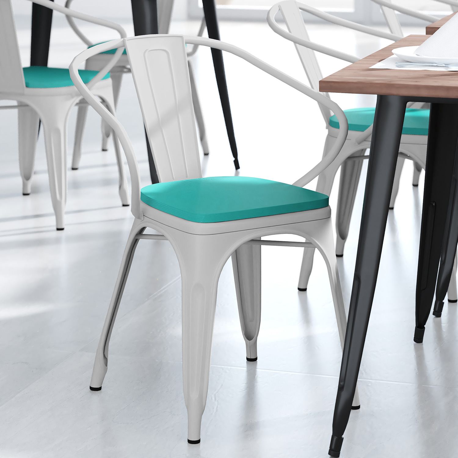 BLNK Luna Commercial Metal Indoor-Outdoor Chair with Arms with Mint Green Poly Resin Wood Seat