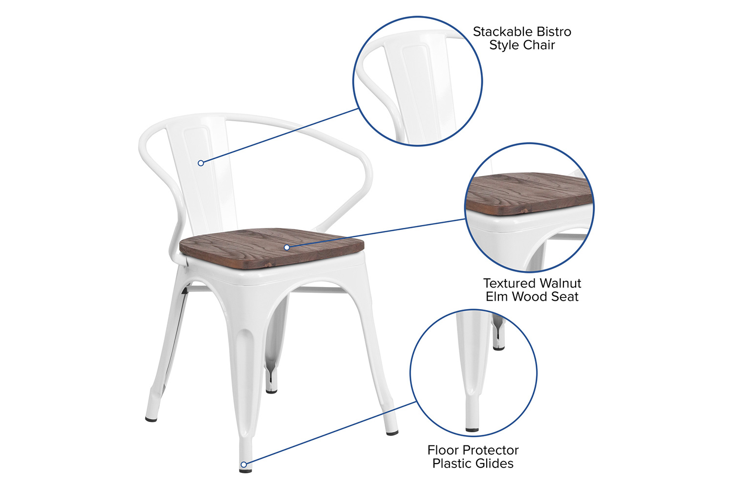 BLNK™ Luna Metal Chair with Wood Seat and Arms - White