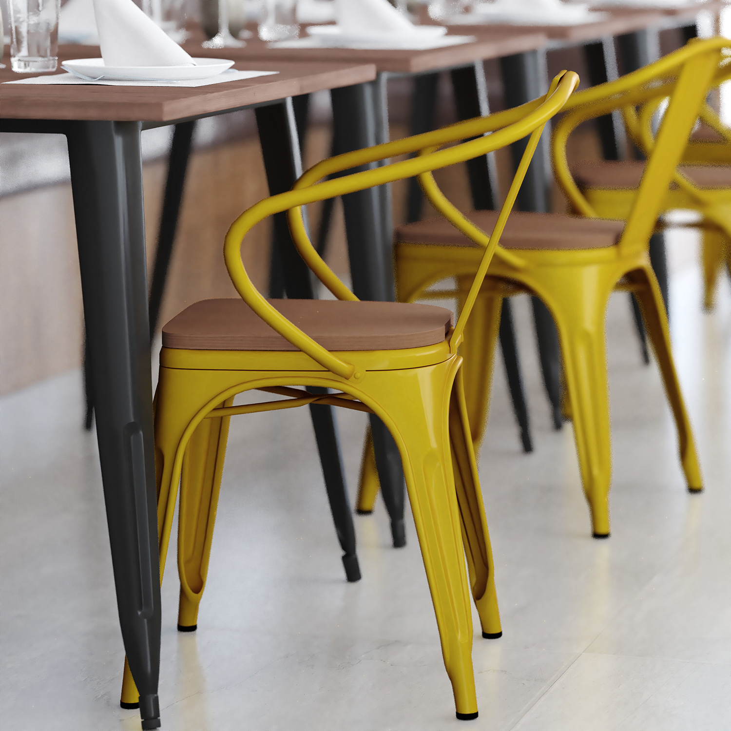 BLNK Luna Commercial Metal Indoor-Outdoor Chair with Arms with Teak Poly Resin Wood Seat - Yellow