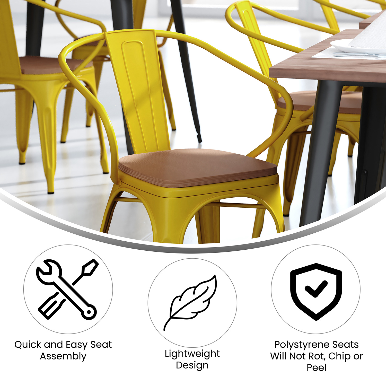 BLNK Luna Commercial Metal Indoor-Outdoor Chair with Arms with Teak Poly Resin Wood Seat - Yellow