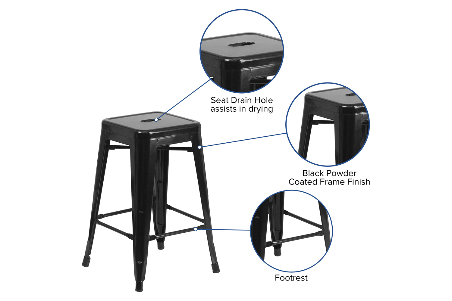 BLNK Kai Commercial Metal Backless Indoor-Outdoor Counter Height Stool with Square Seat - Black