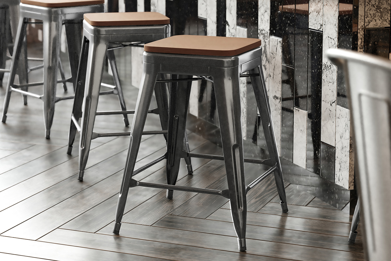 BLNK Kai Commercial Metal Backless Indoor-Outdoor Counter Height Stool with Poly Resin Wood Seat