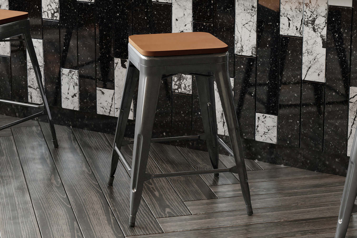 BLNK Kai Commercial Metal Backless Indoor-Outdoor Counter Height Stool with Poly Resin Wood Seat - Black/Teak