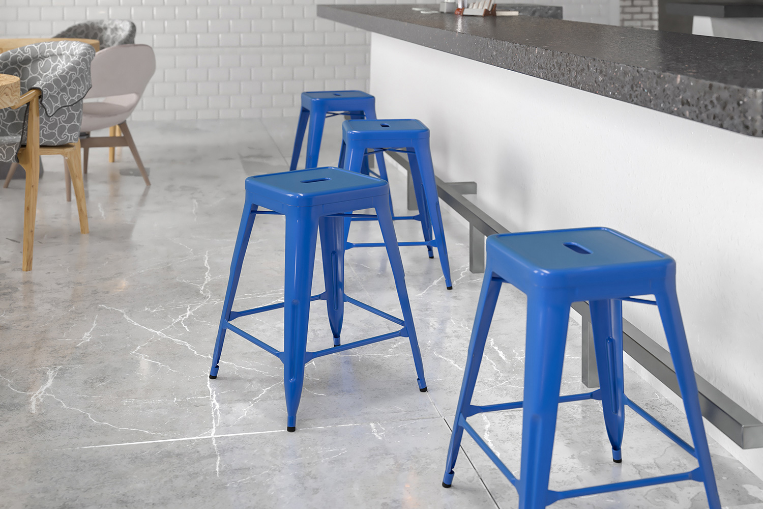 BLNK Kai Commercial Metal Backless Indoor-Outdoor Counter Height Stool with Square Seat