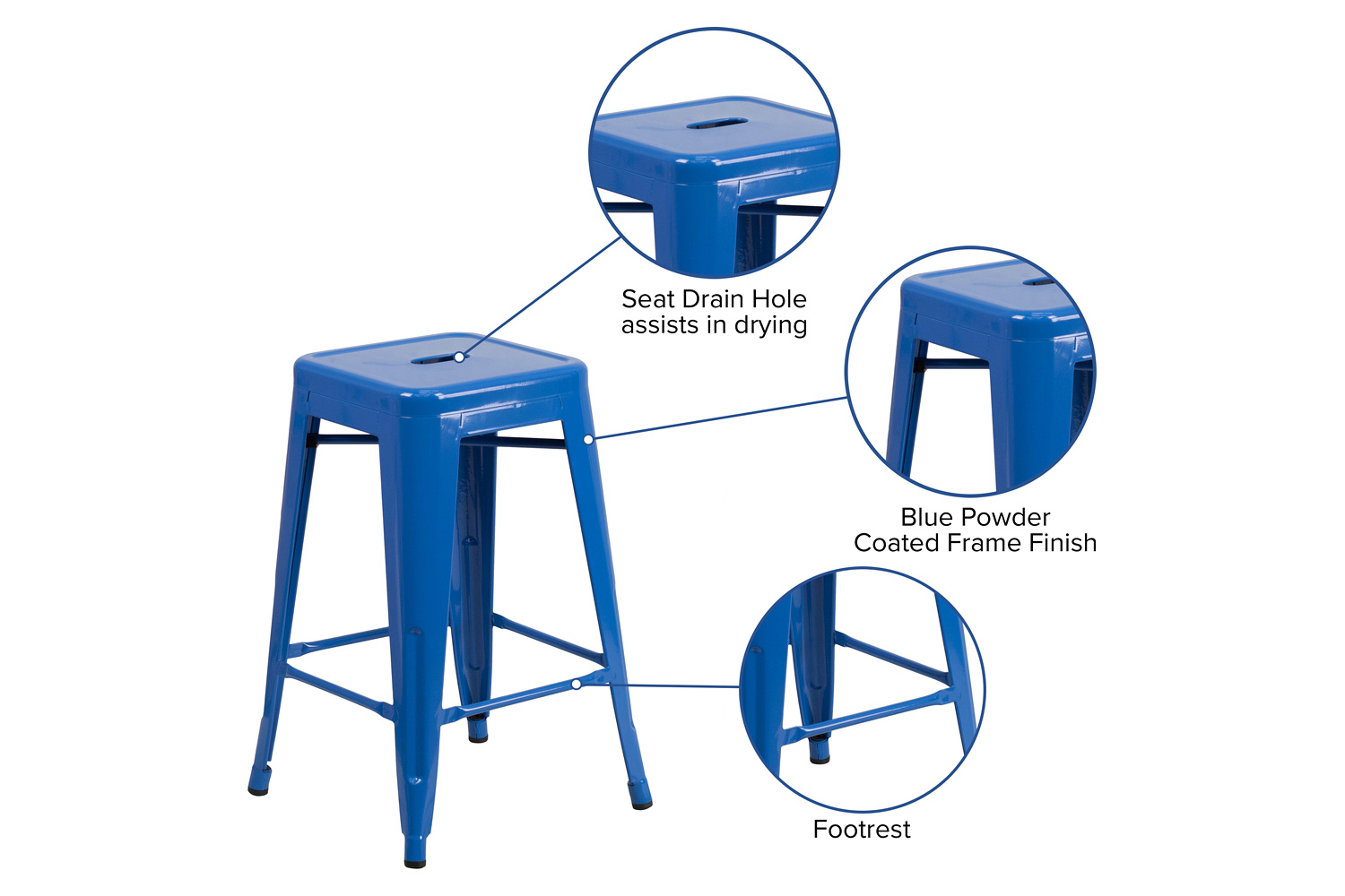 BLNK Kai Commercial Metal Backless Indoor-Outdoor Counter Height Stool with Square Seat - Blue